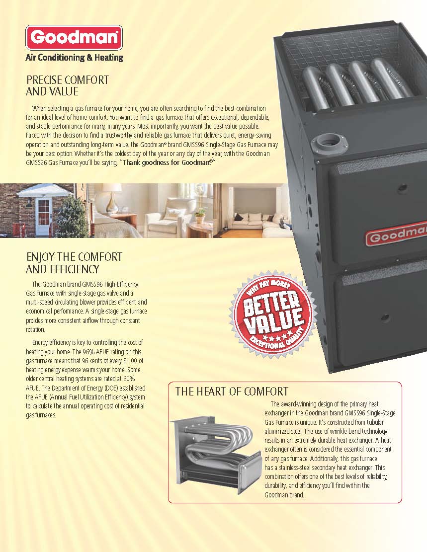 Goodman 96% Single Stage 40K BTU Gas Furnace, GMSS960402BN