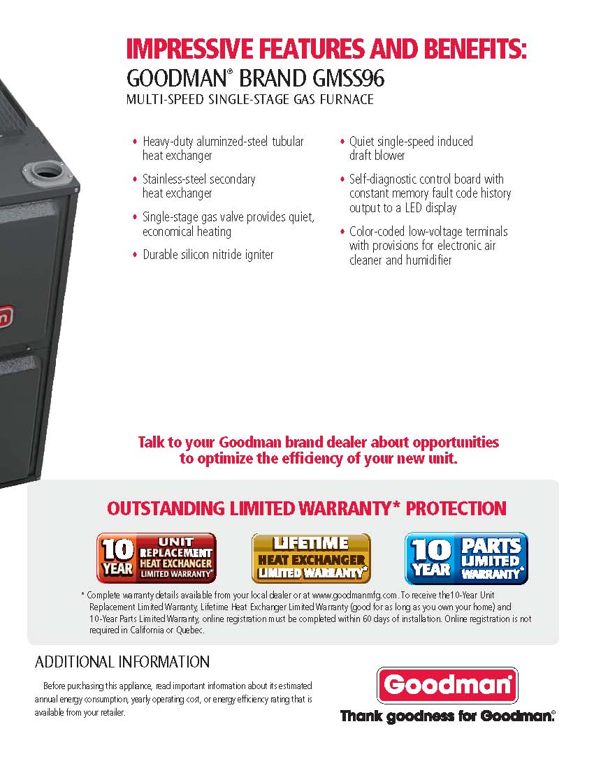 Goodman 96% Single Stage 40K BTU Gas Furnace, GMSS960402BN