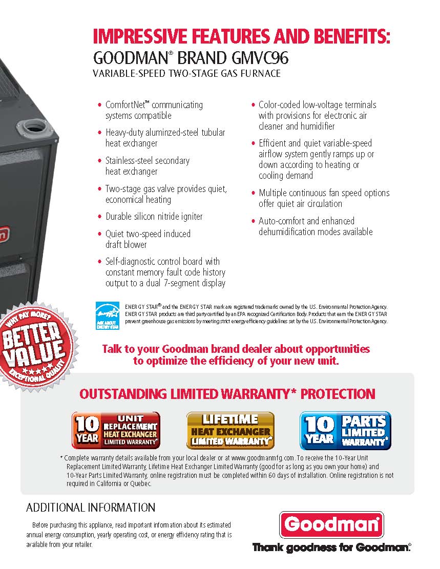 Goodman 96% Two Stage Variable Speed 40K BTU Gas Furnace, GMVC960403BN