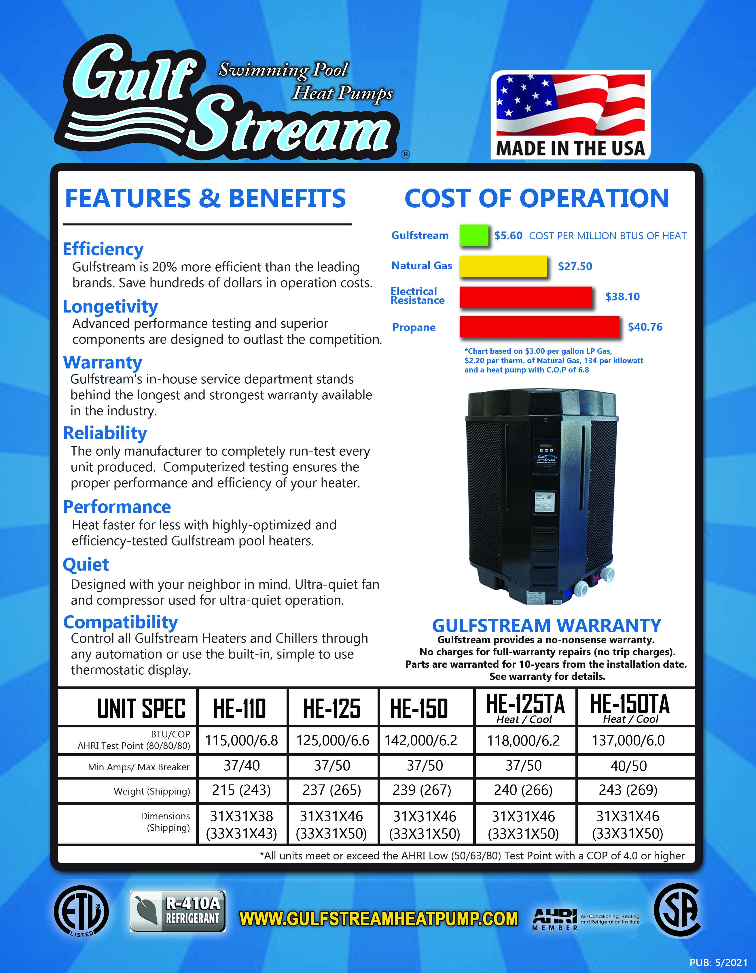 GulfStream Pool & Spa Heat Pump 115,000 BTU Electric Heater HE110-R-A (F)
