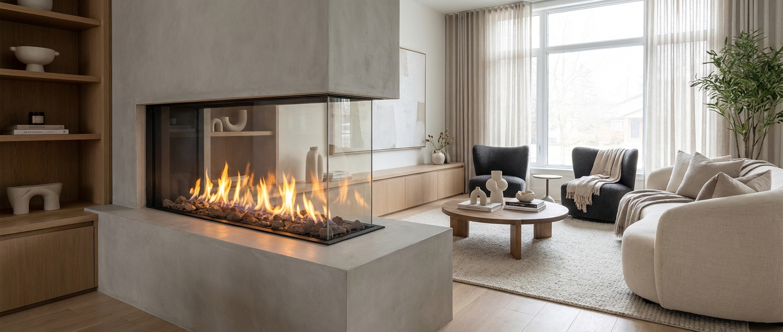 Modern direct vent gas fireplace in living room