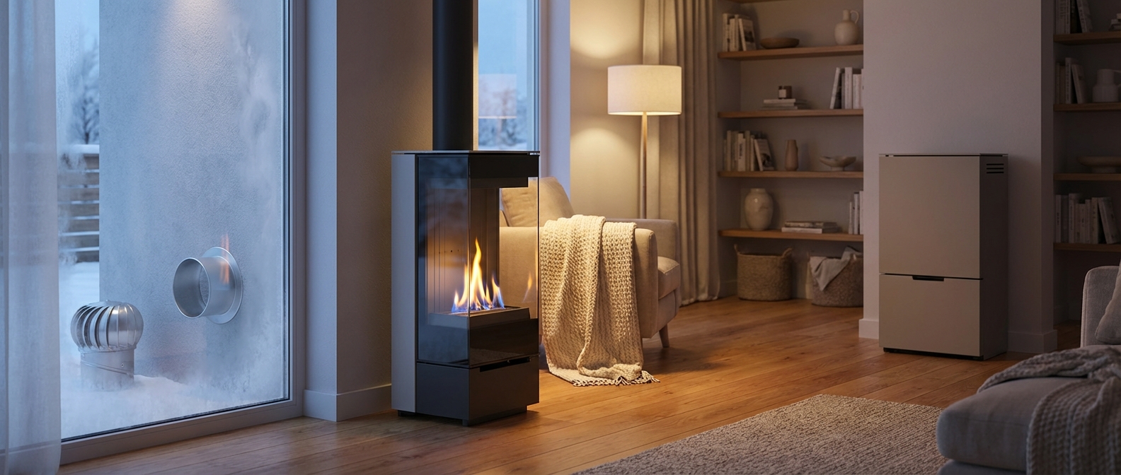 Modern gas stove in living room (ventless vs direct vent theme)