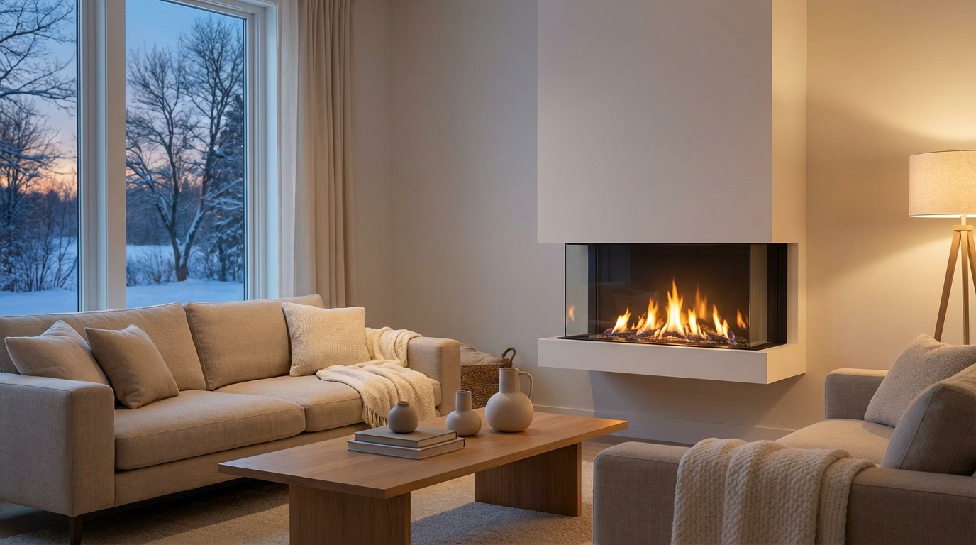 Modern ventless gas fireplace in real home