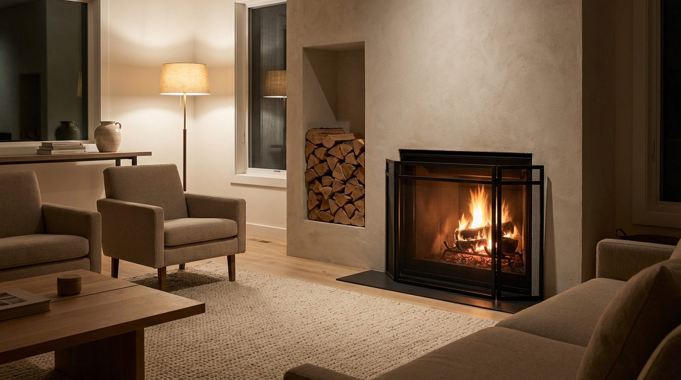 Modern living room wood-burning fireplace