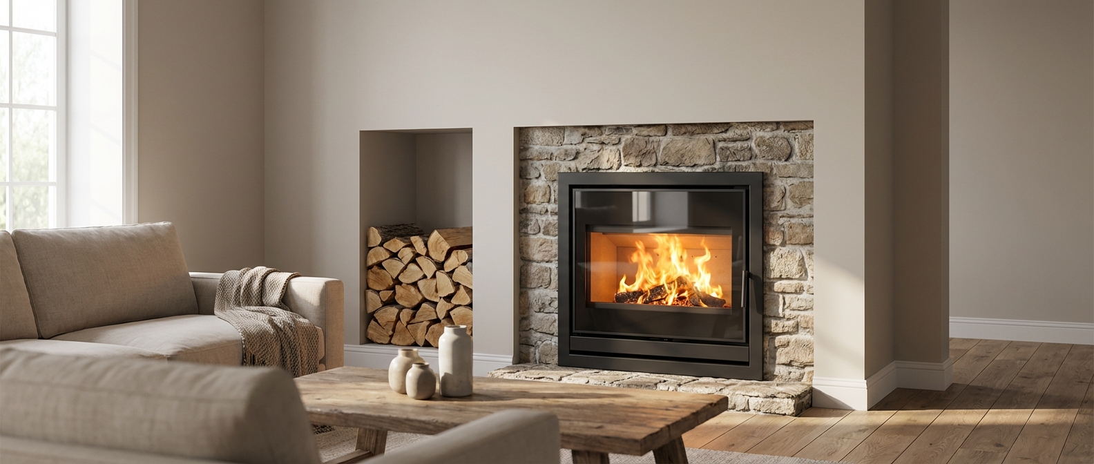 Modern wood burning insert in living room