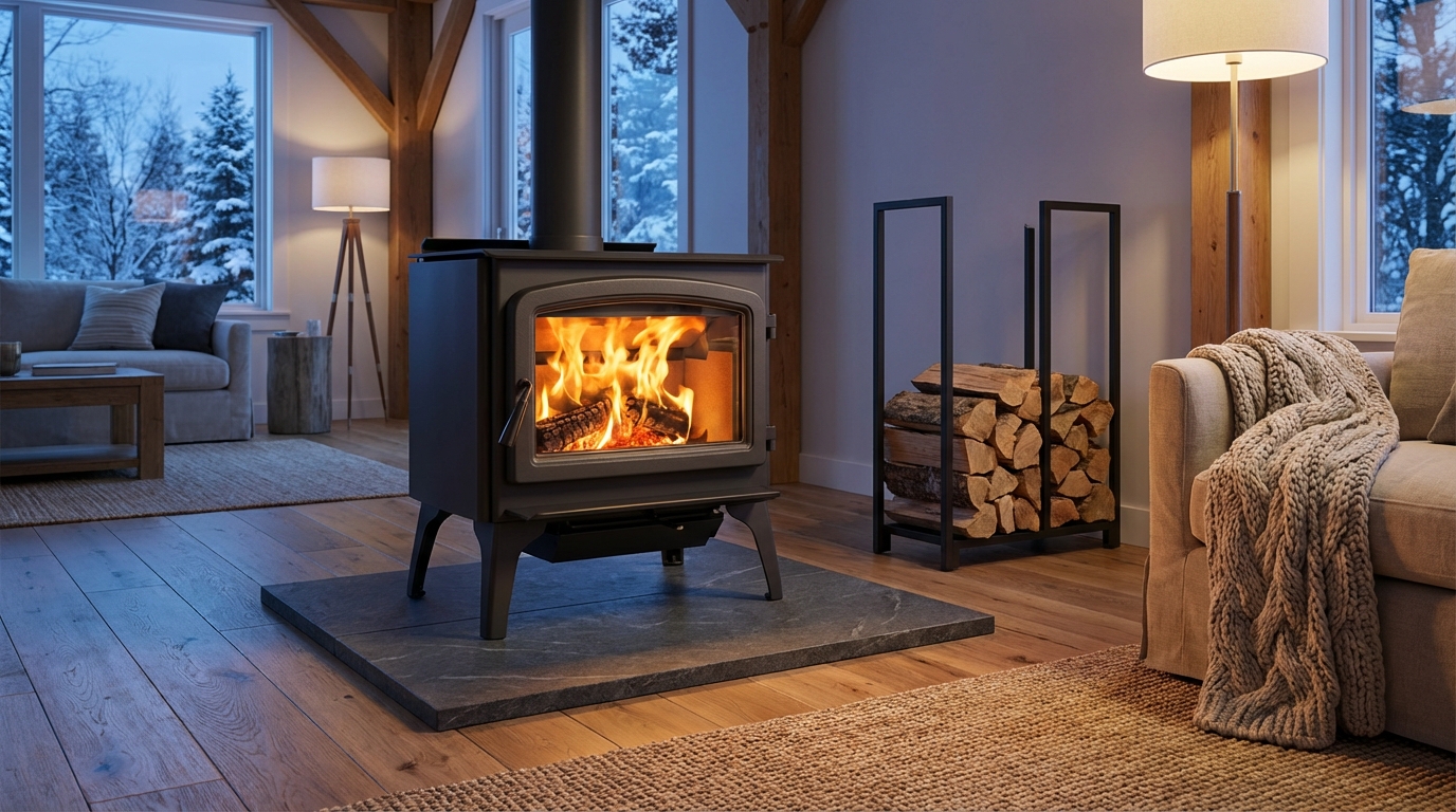 Modern wood stove in cozy living room