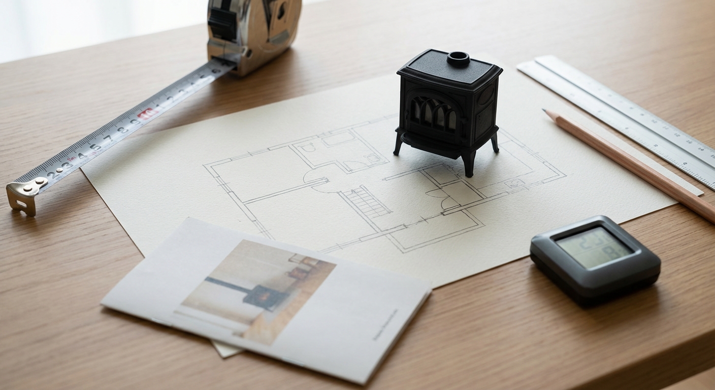 Sizing concept: floor plan + stove + tape measure