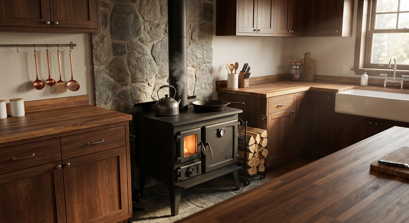 Homesteader Wood Cook Stove in Cozy Kitchen