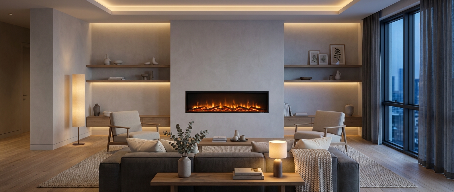 Modern living room electric fireplace overview