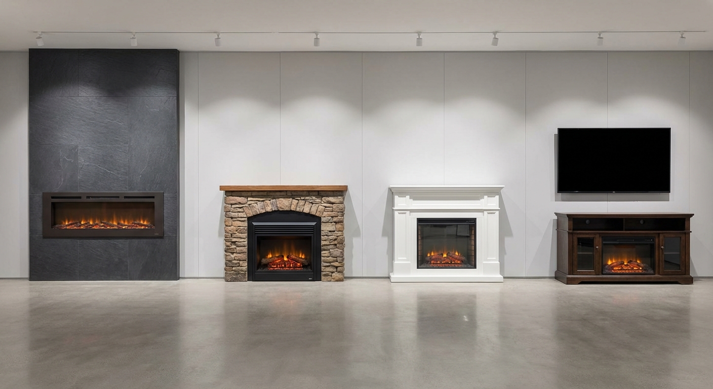 Types comparison: wall-mount, insert, mantel, TV stand