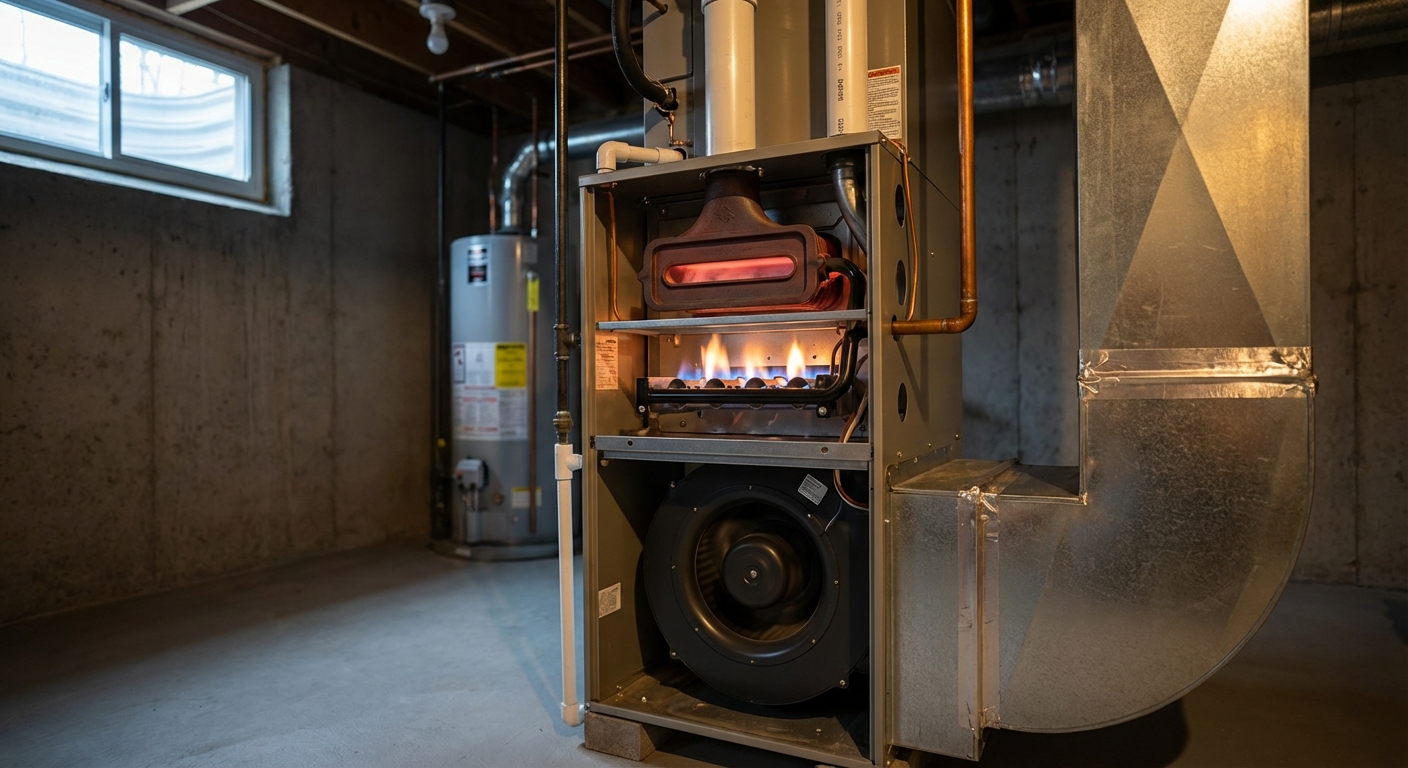 Gas furnace in operation (cutaway)