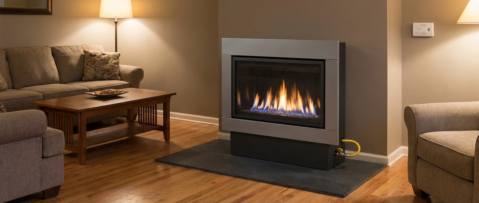 Vent-free gas stove in living room