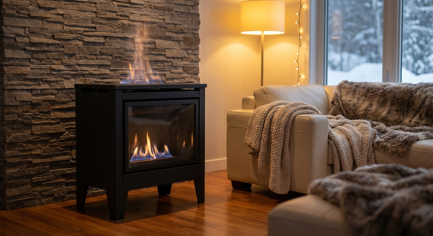 Cozy vent-less gas stove in living room