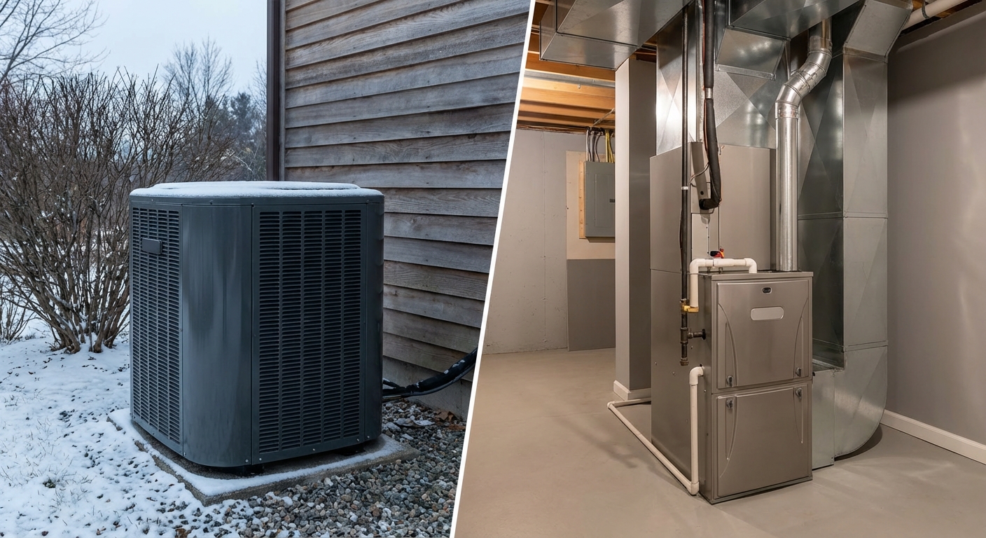 Comparison: heat pump outdoor unit and furnace room