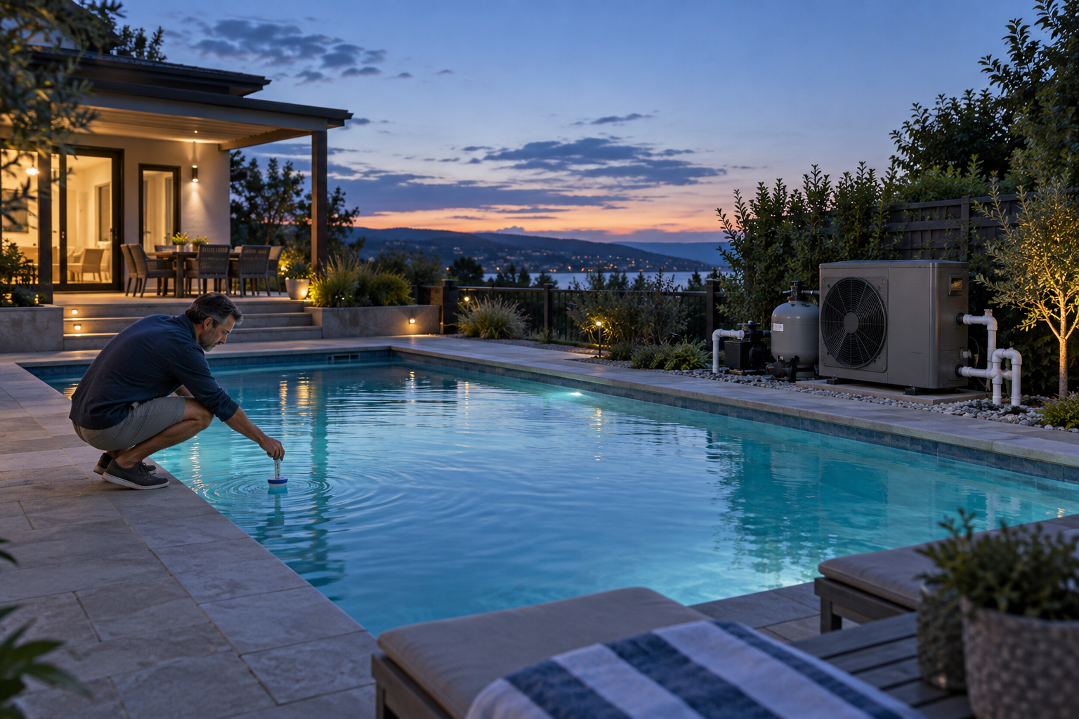 Pool warm-up at dusk