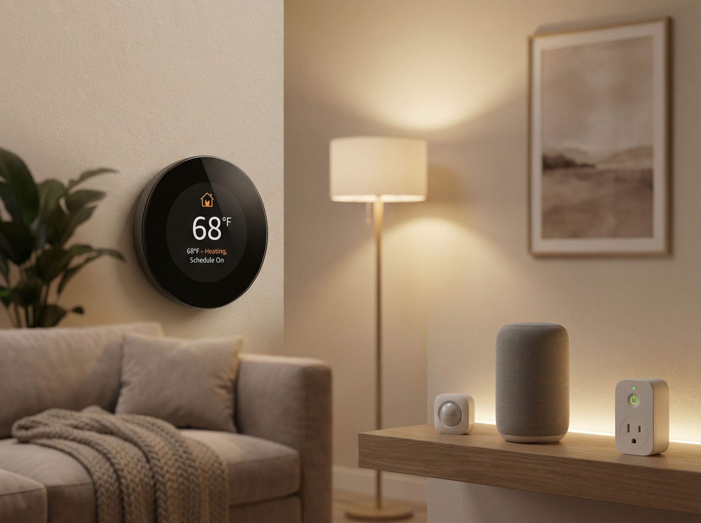 A modern smart thermostat mounted on a stylish wall in a well-decorated living room