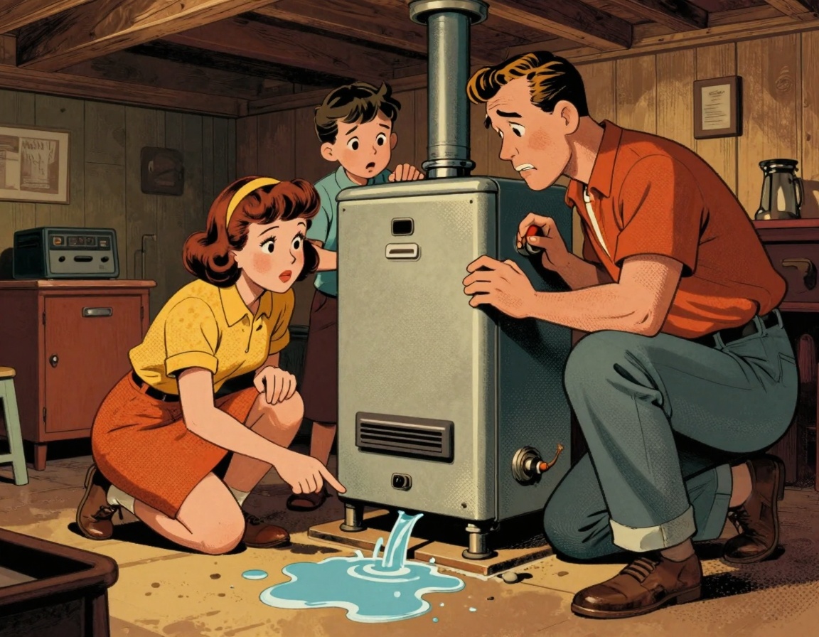 A vintage-style illustration depicting a family in their basement observing a leaking furnace