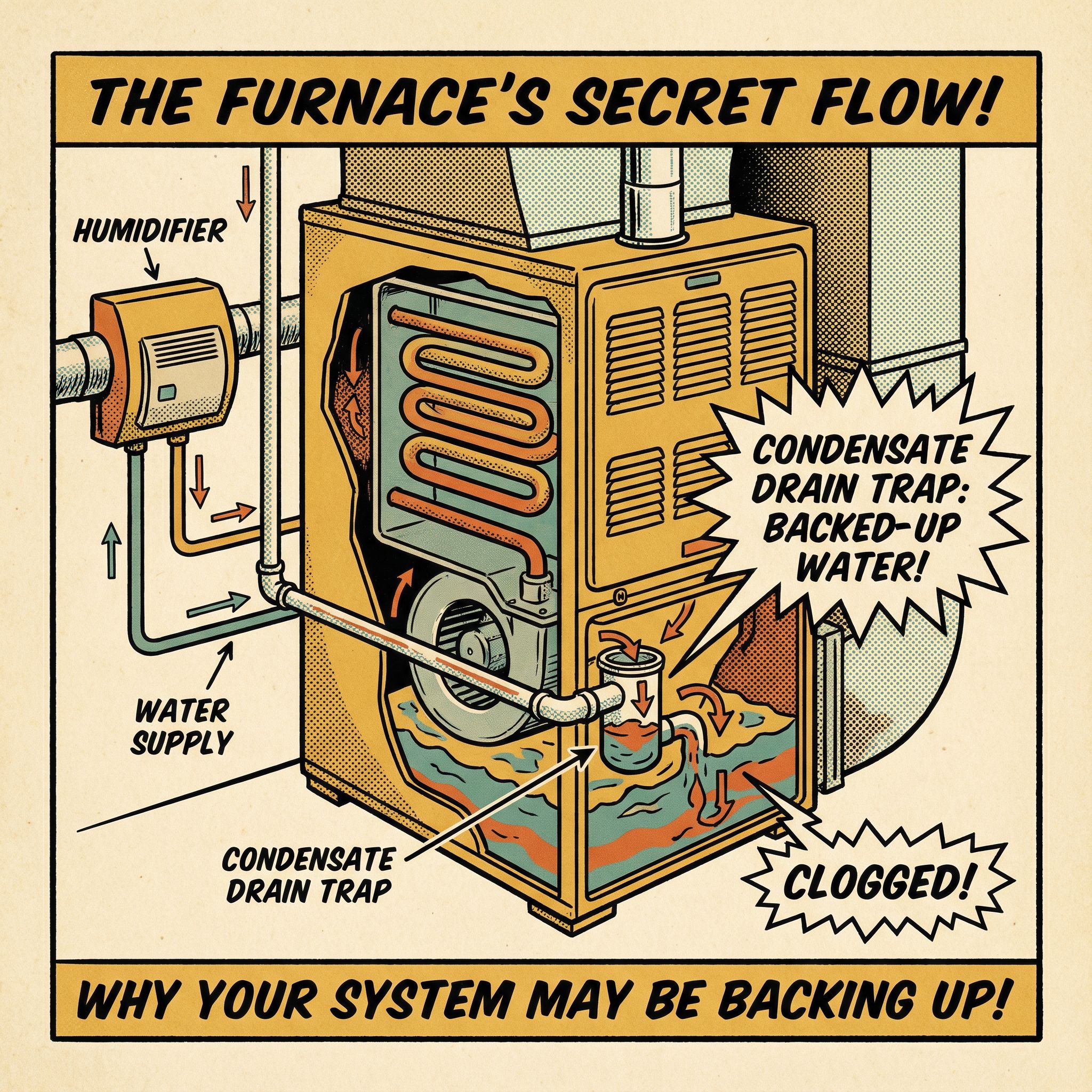 A cutaway view of a furnace showcasing a clogged condensate drain and trap