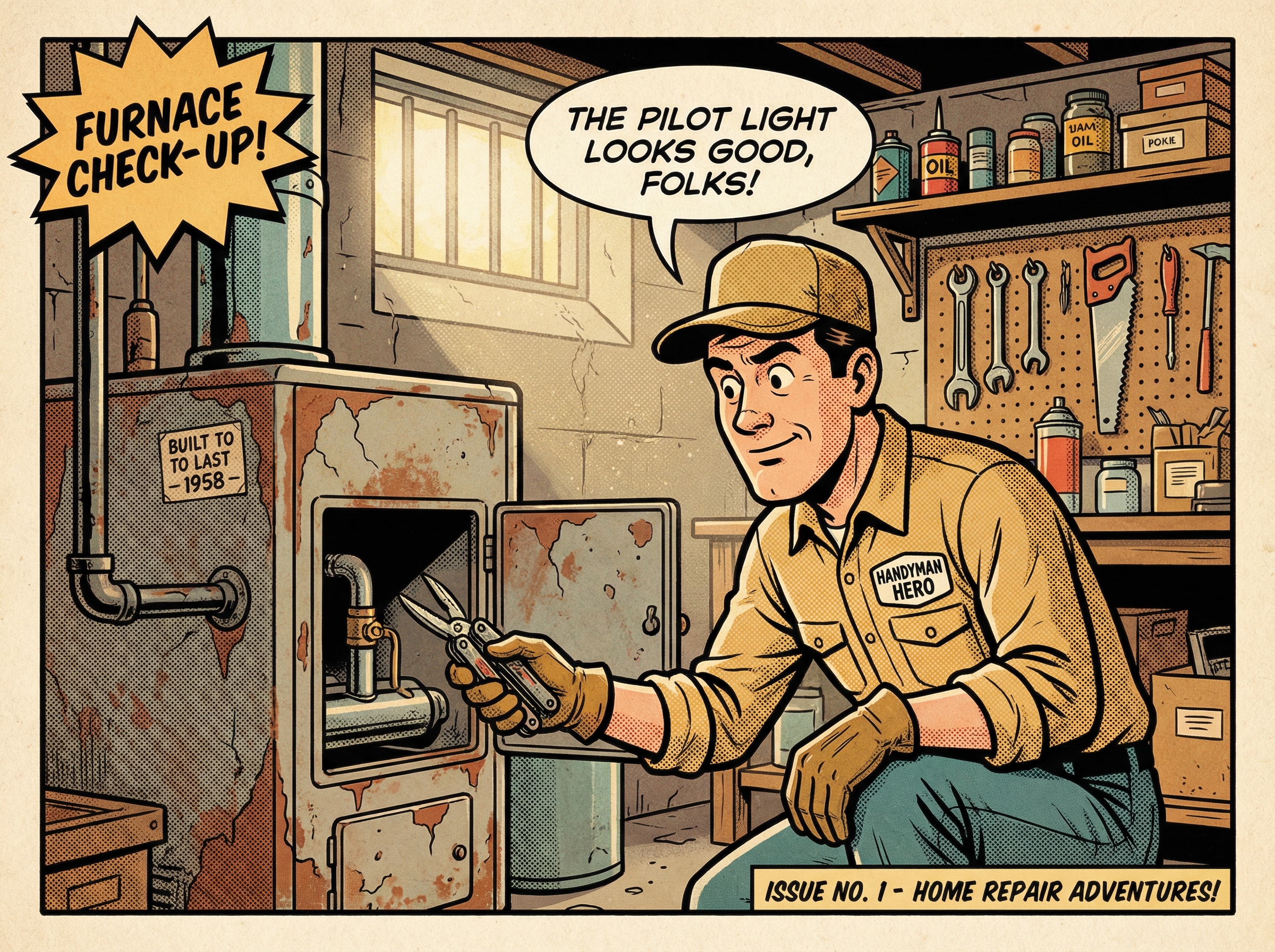 A handyman in a vintage-style work uniform, crouched beside an older gas furnace in a basement, examining the components whil