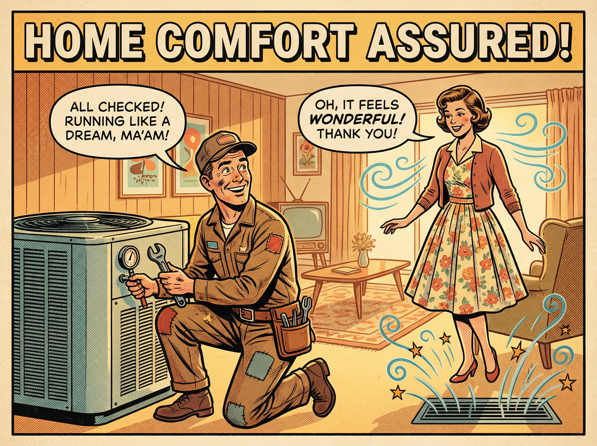 A friendly HVAC technician in vintage work attire is performing routine maintenance on a central air conditioning unit in a c