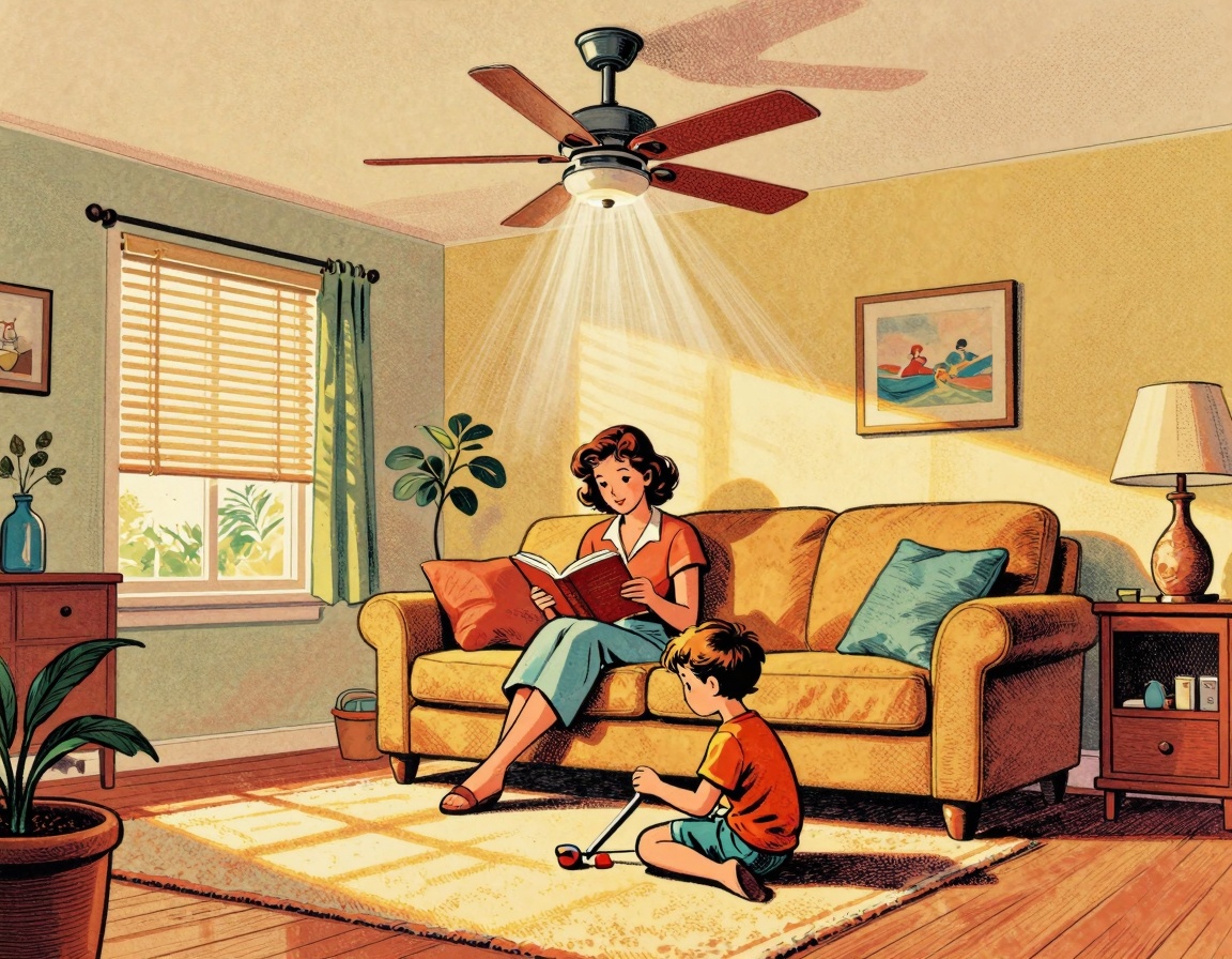 A cozy living room on a warm summer day featuring a family using a ceiling fan to stay cool
