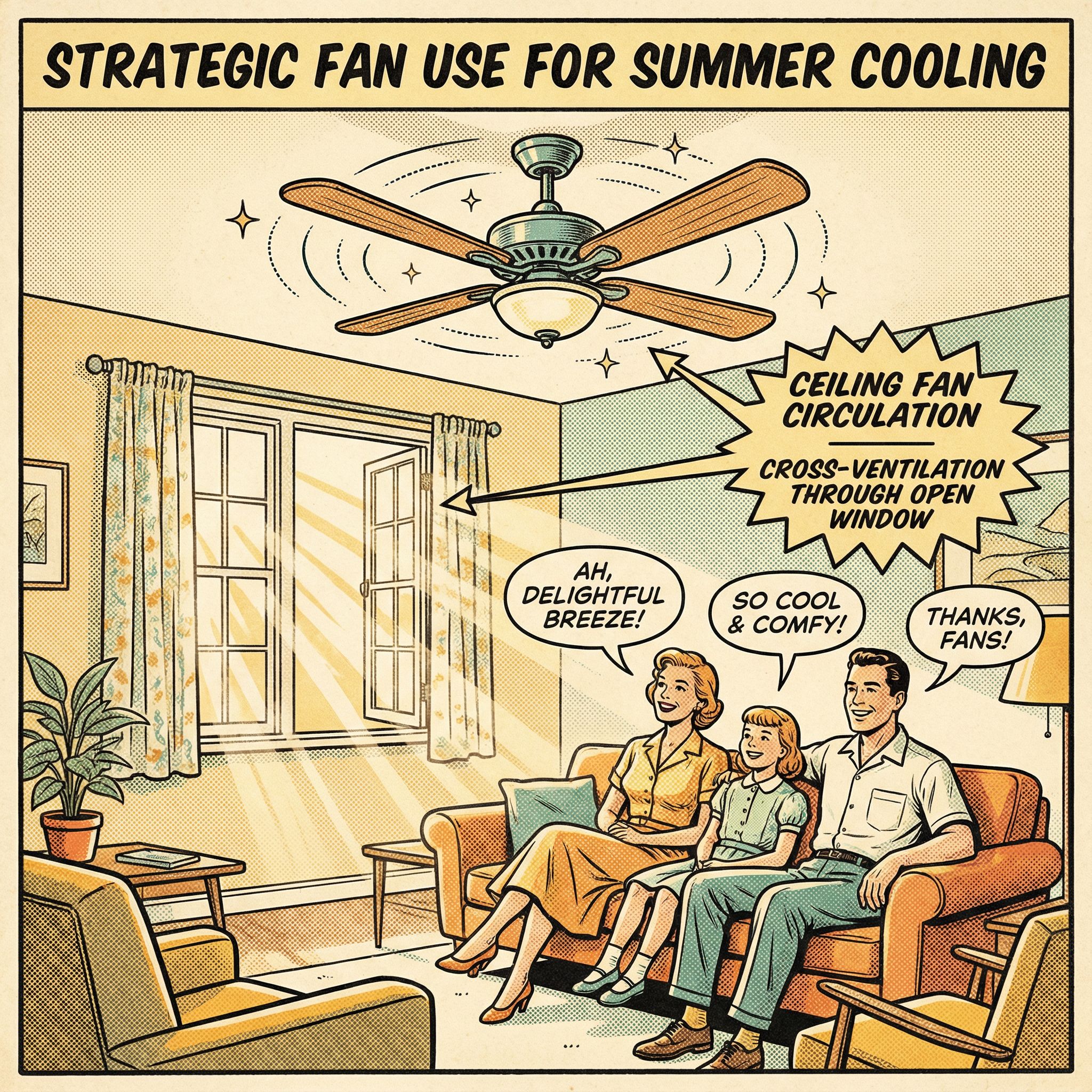 A vintage-style illustration of a home interior showing strategic use of fans for cooling
