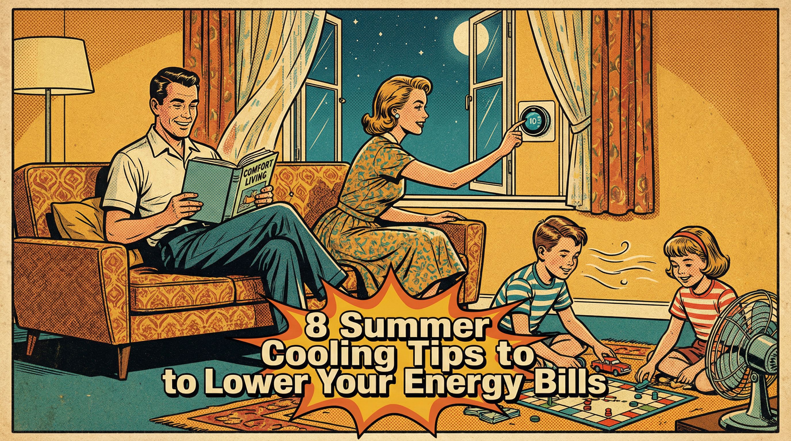 A family of four enjoying a comfortable summer evening in their living room, with a window open to a cool, breezy night