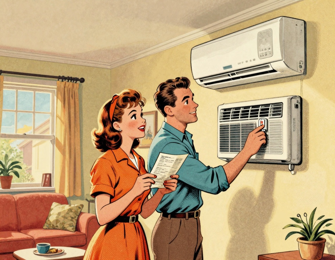 A vintage illustration of a young couple in a cozy, sunlit living room, examining their air conditioning unit
