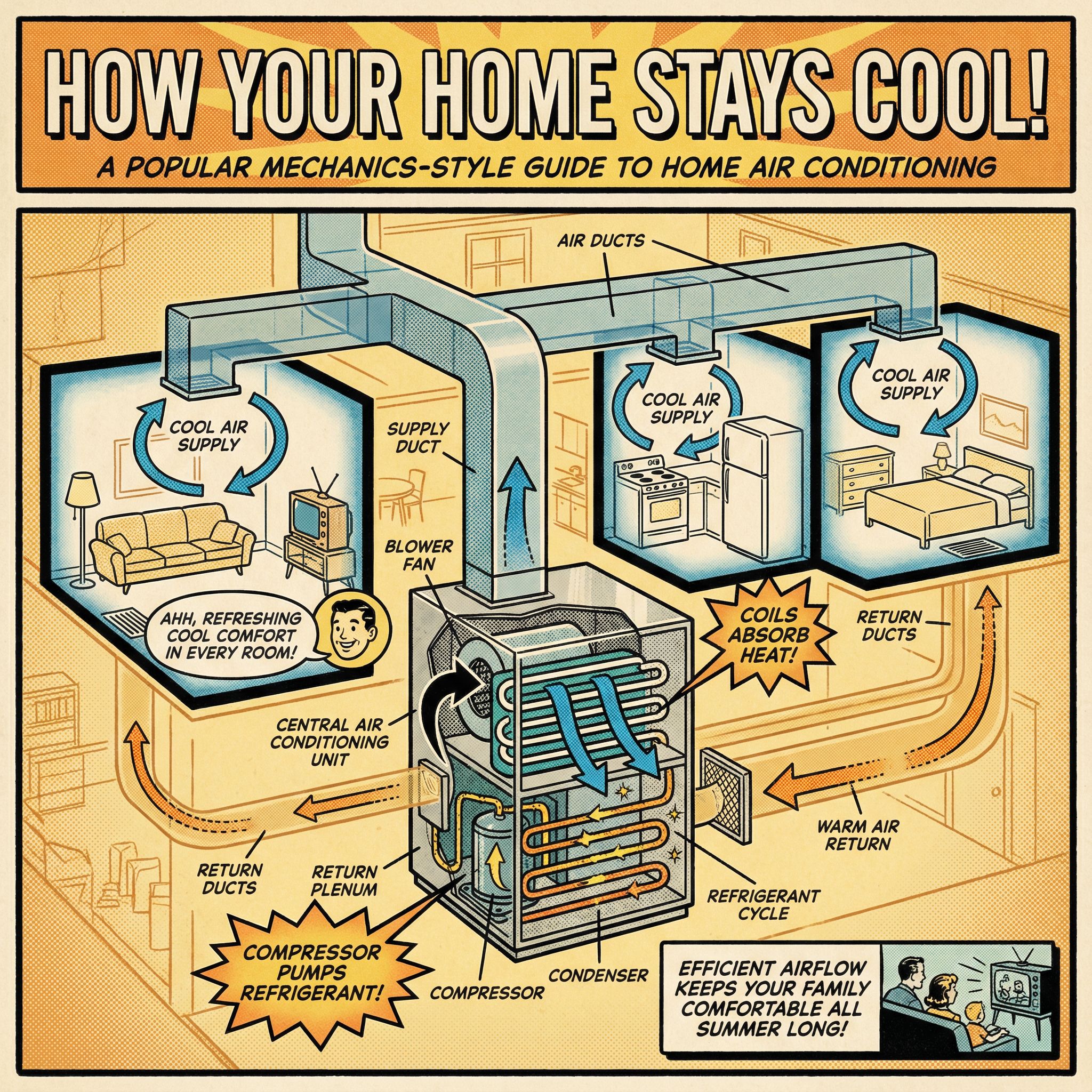 A cutaway view of a residential air conditioning unit installed in a home, showcasing the internal components and airflow mec