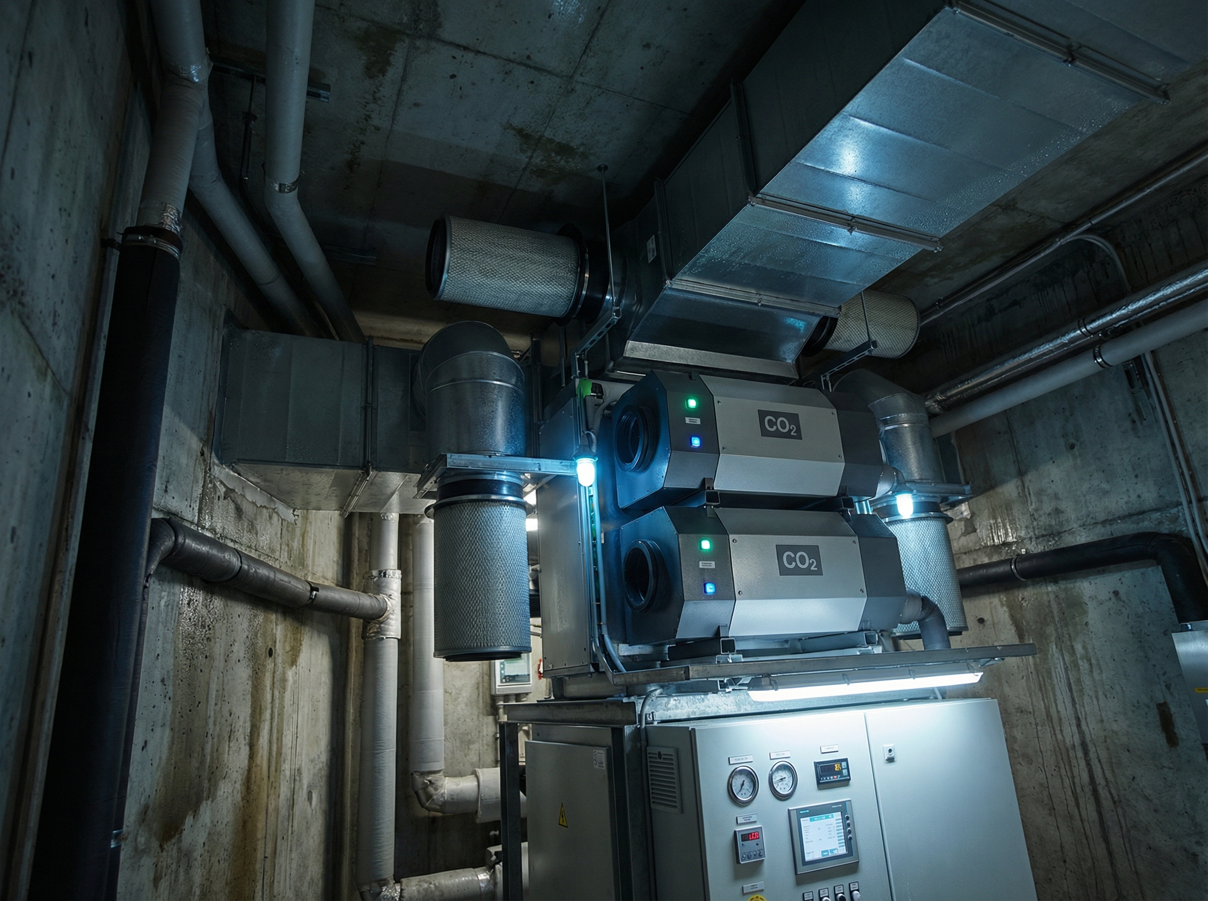 An underground bunker HVAC system setup showcasing various components such as ducts, filters, and CO2 scrubbers