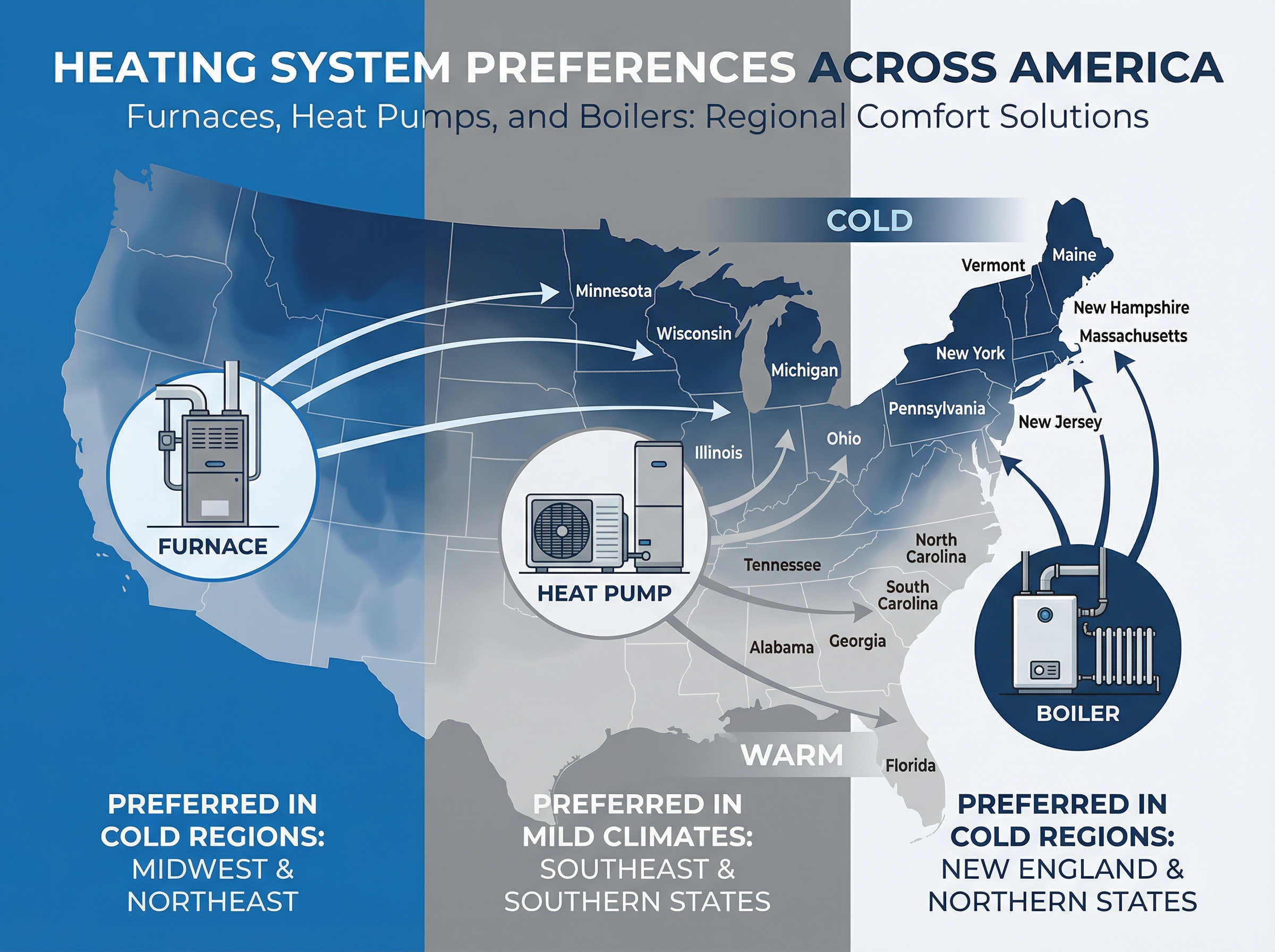 An infographic-style image showcasing different heating systems preferred across various states in America