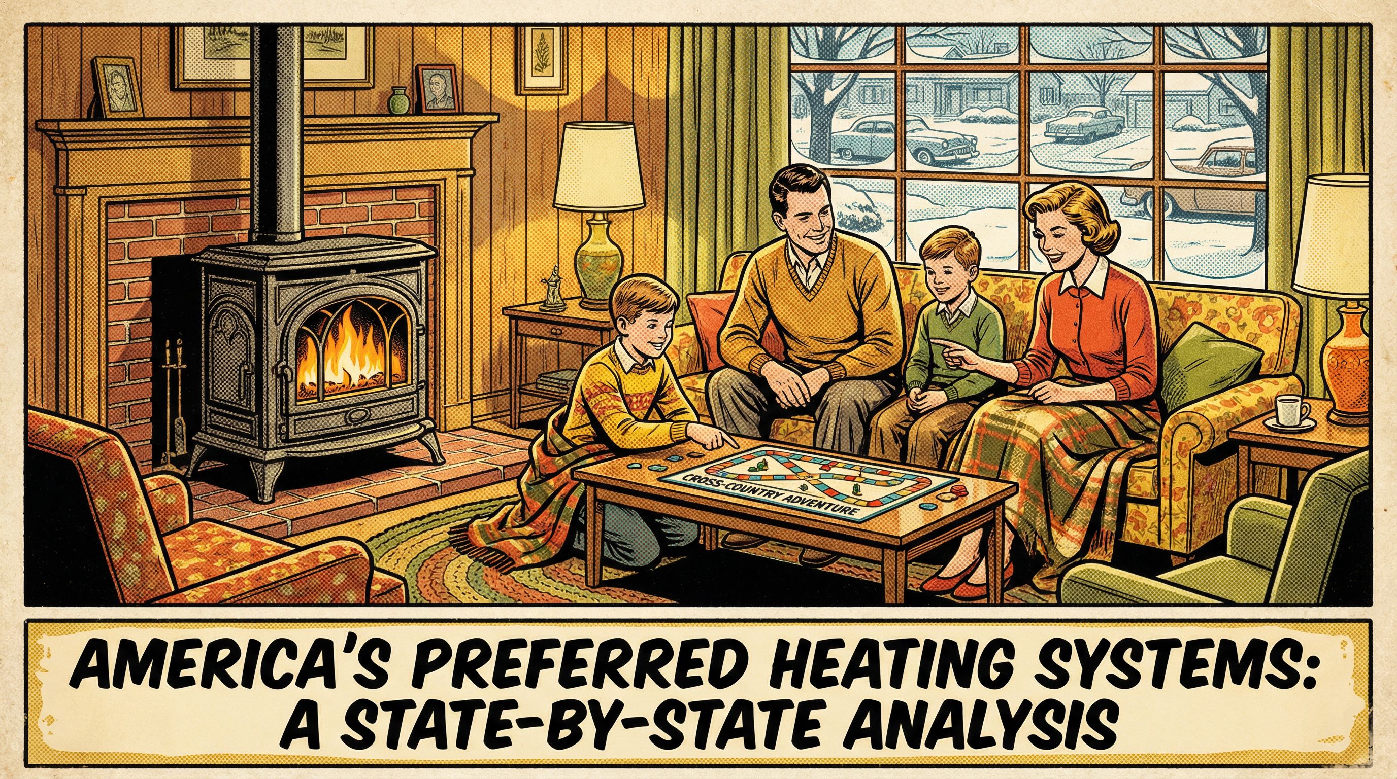 A cozy family living room in a vintage 1950s home during winter, featuring a classic gas furnace with warm flames visible ins