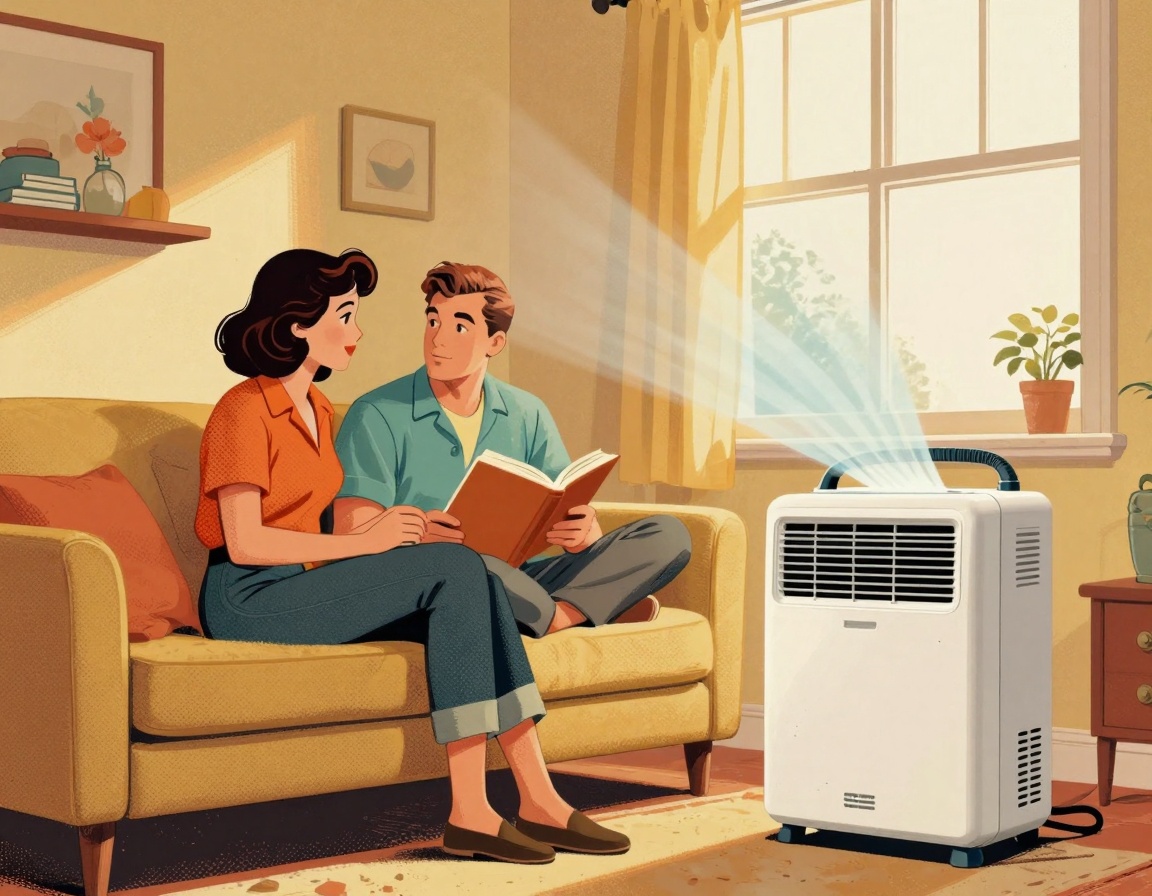 A vintage-inspired living room scene featuring a portable air conditioner in use