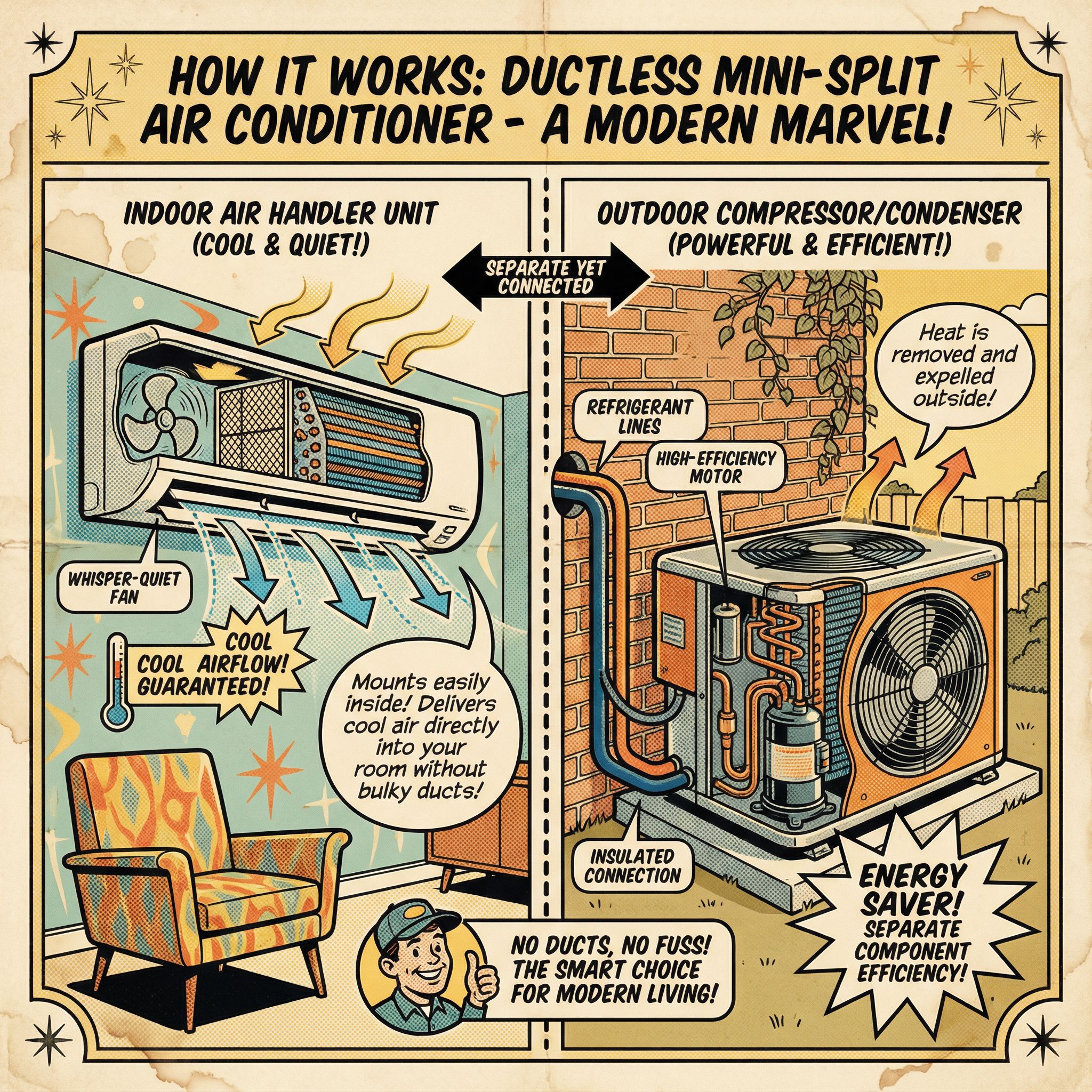 A cutaway view of a ductless mini-split air conditioning system, showcasing its separate components: the indoor air handler a
