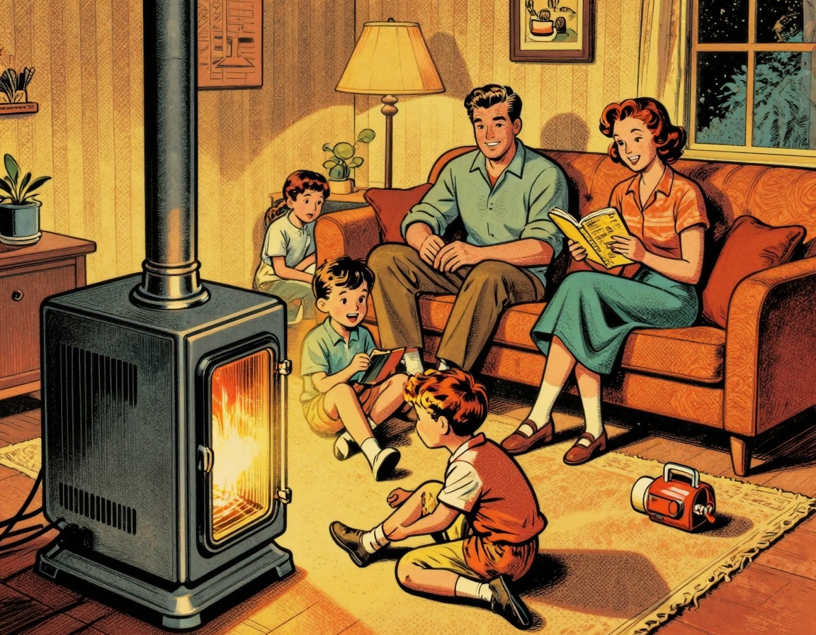 A vintage 1950s-style illustration of a family in a cozy living room, enjoying the comfort of their HVAC system