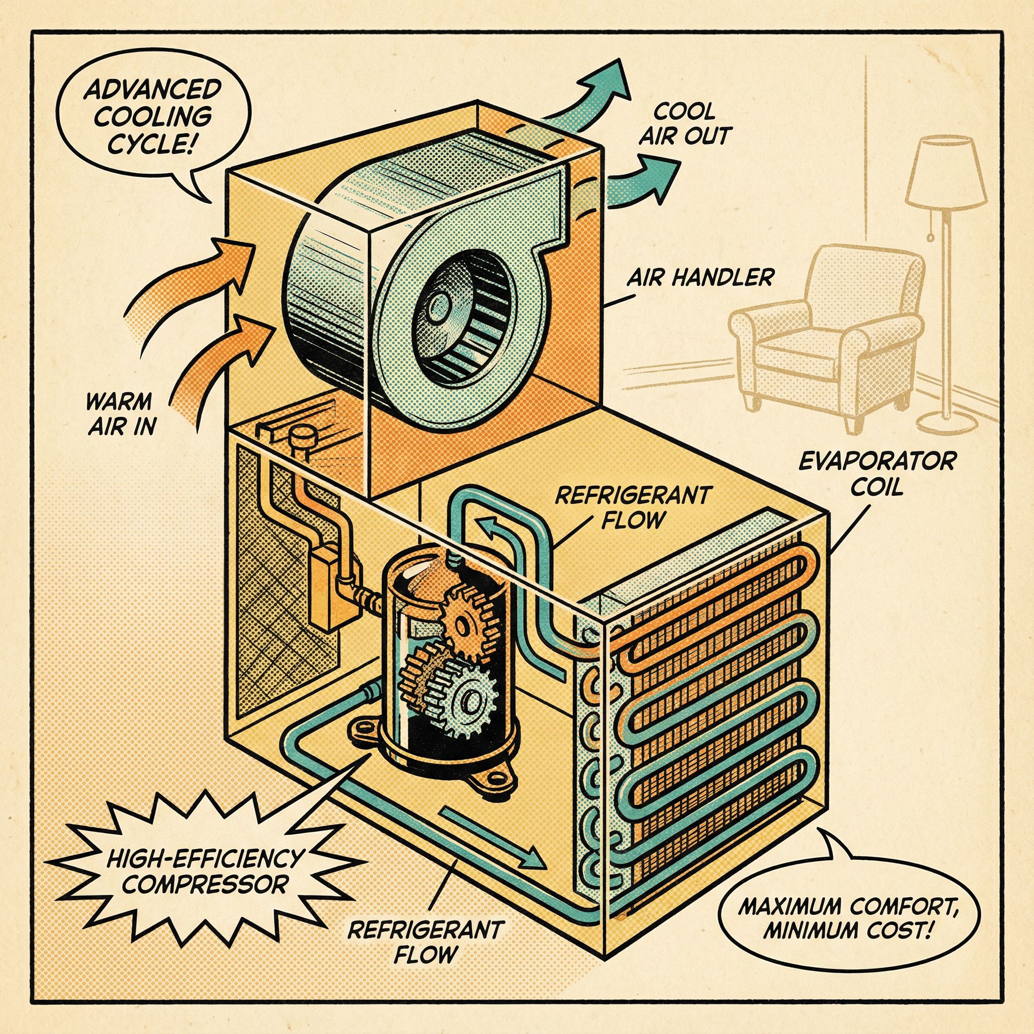 A vintage-inspired cross-section illustration of a high-efficiency HVAC system, showcasing the internal components including 