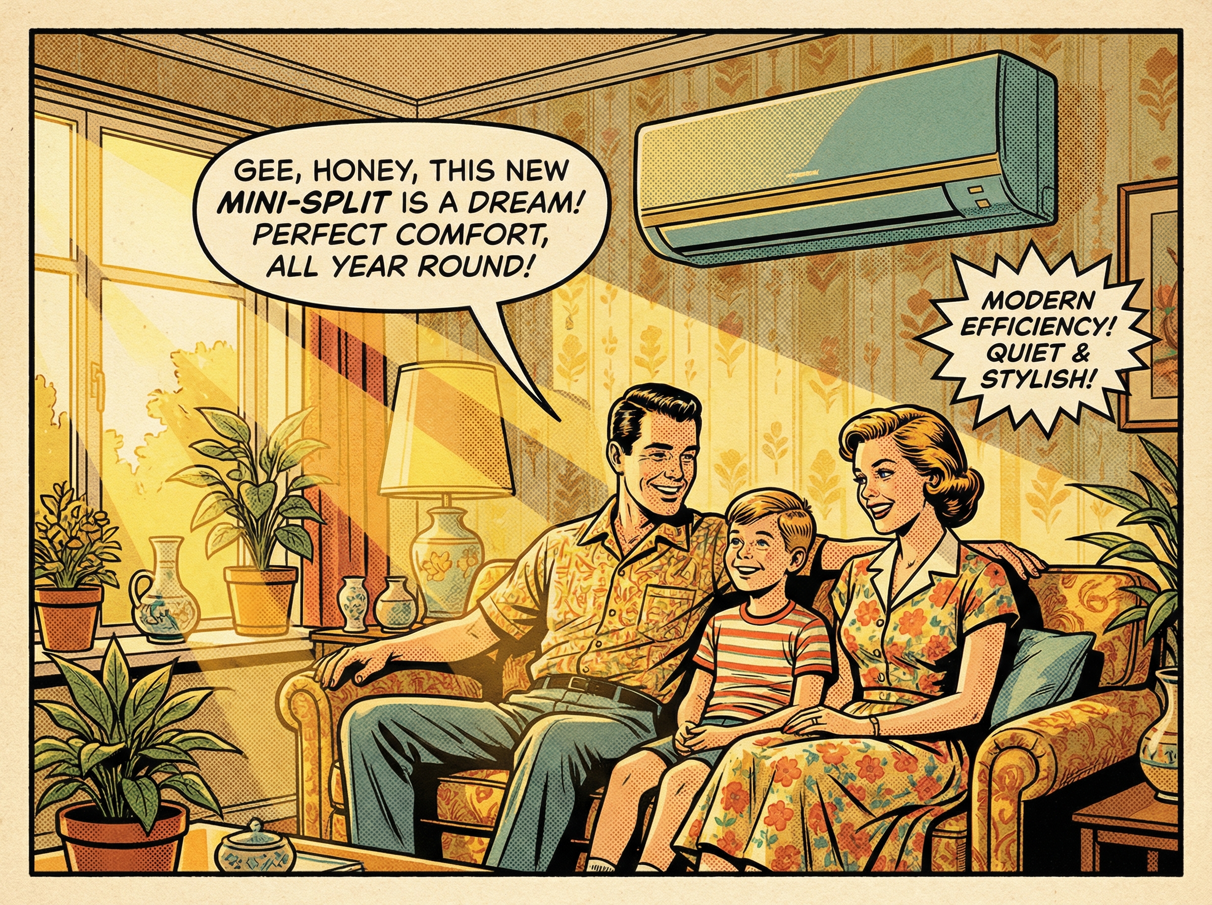 A family in their cozy living room enjoying comfortable temperatures thanks to a modern mini split air conditioning unit moun