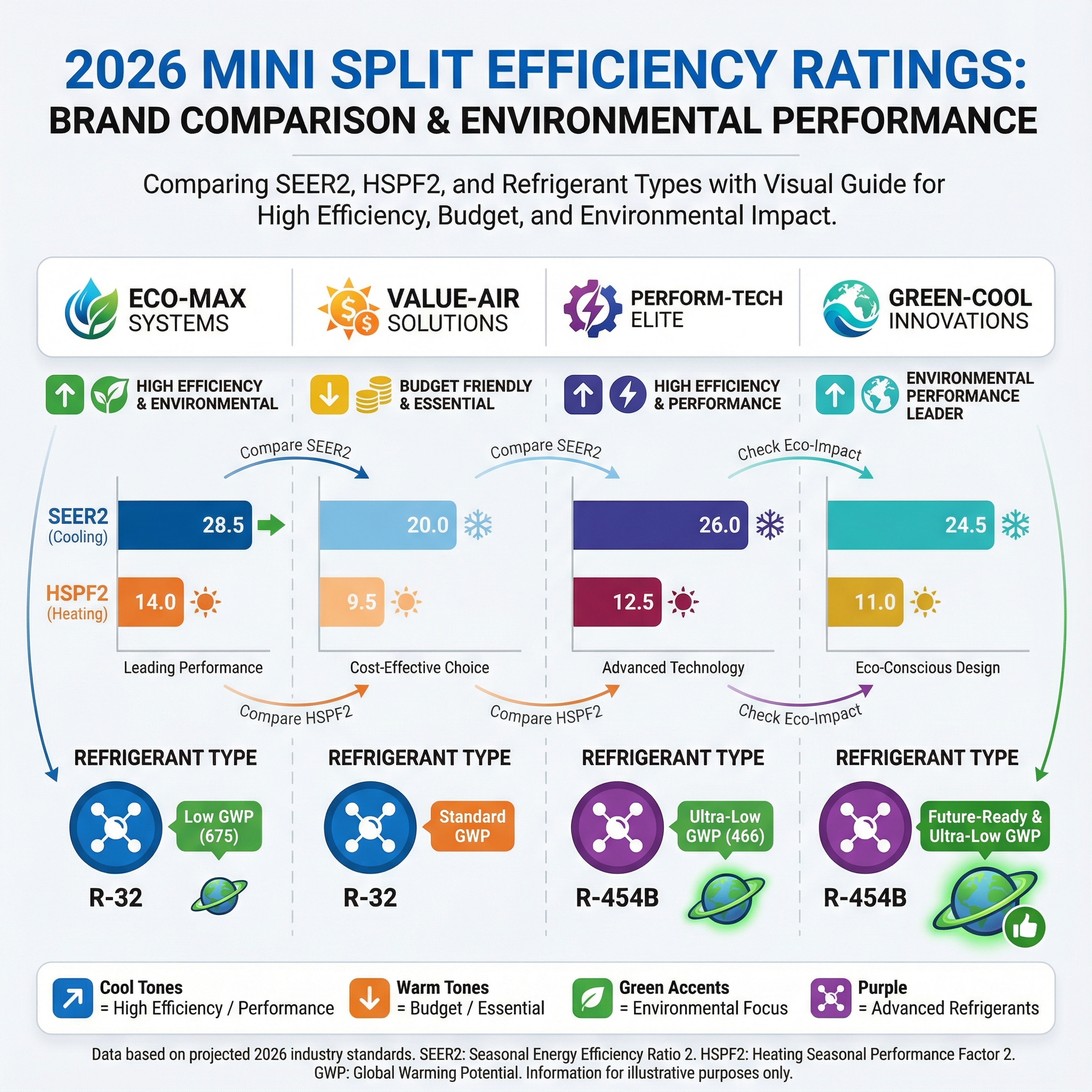 An infographic comparing the efficiency ratings of different mini split brands in 2026, highlighting key metrics such as SEER