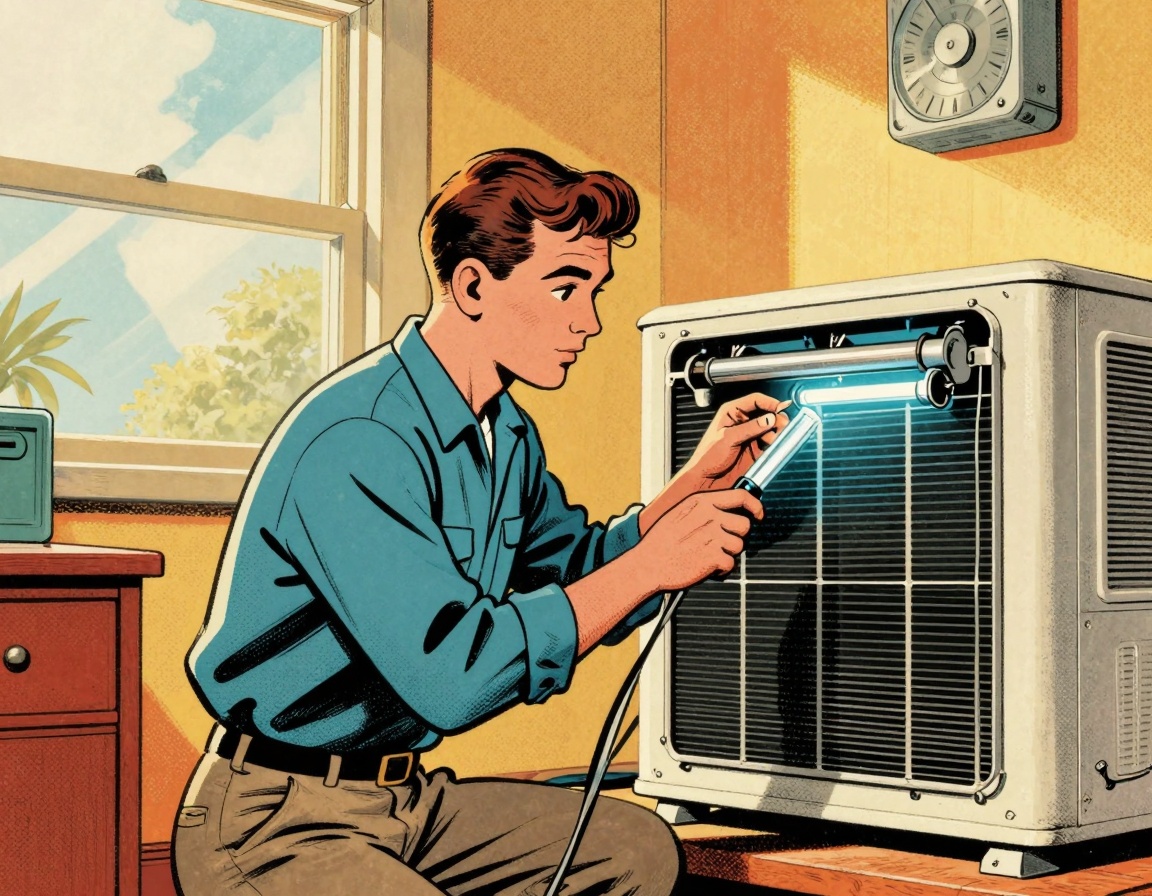 A technician in a vintage-styled HVAC service uniform is servicing an air handling unit in a residential setting