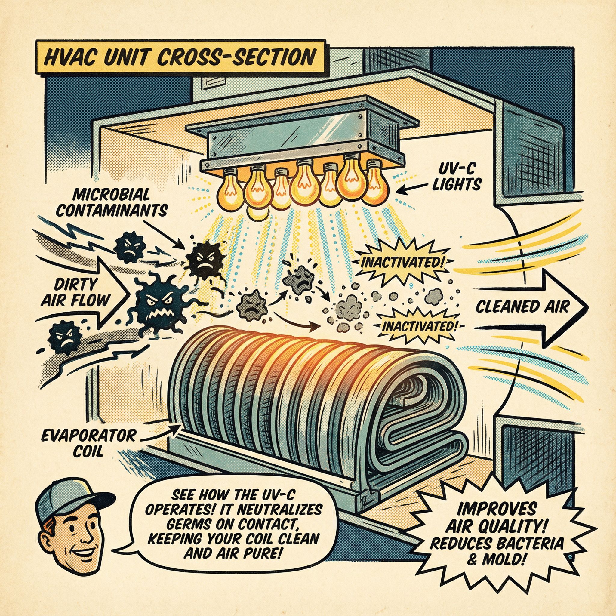 A cross-section view of an HVAC unit featuring UV-C lights installed within the air ducts, demonstrating the UV light's inter