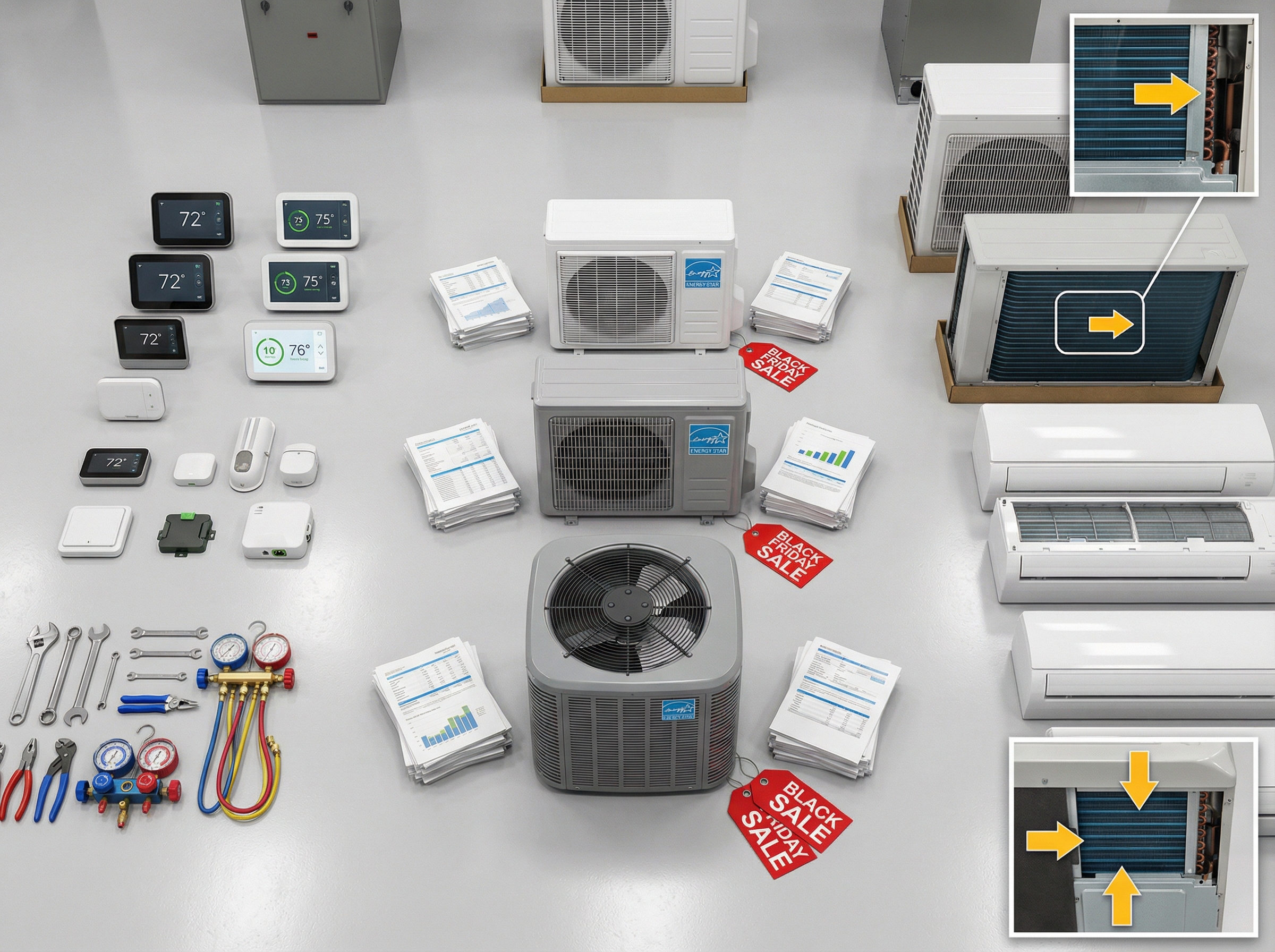 A comprehensive display of various HVAC systems and components typically included in Black Friday bundles, such as air condit