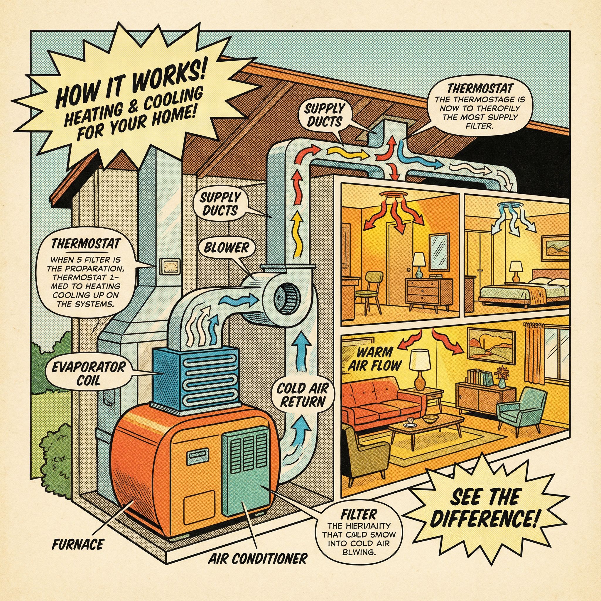 A cross-sectional view of an HVAC system showing its internal components and how they interact
