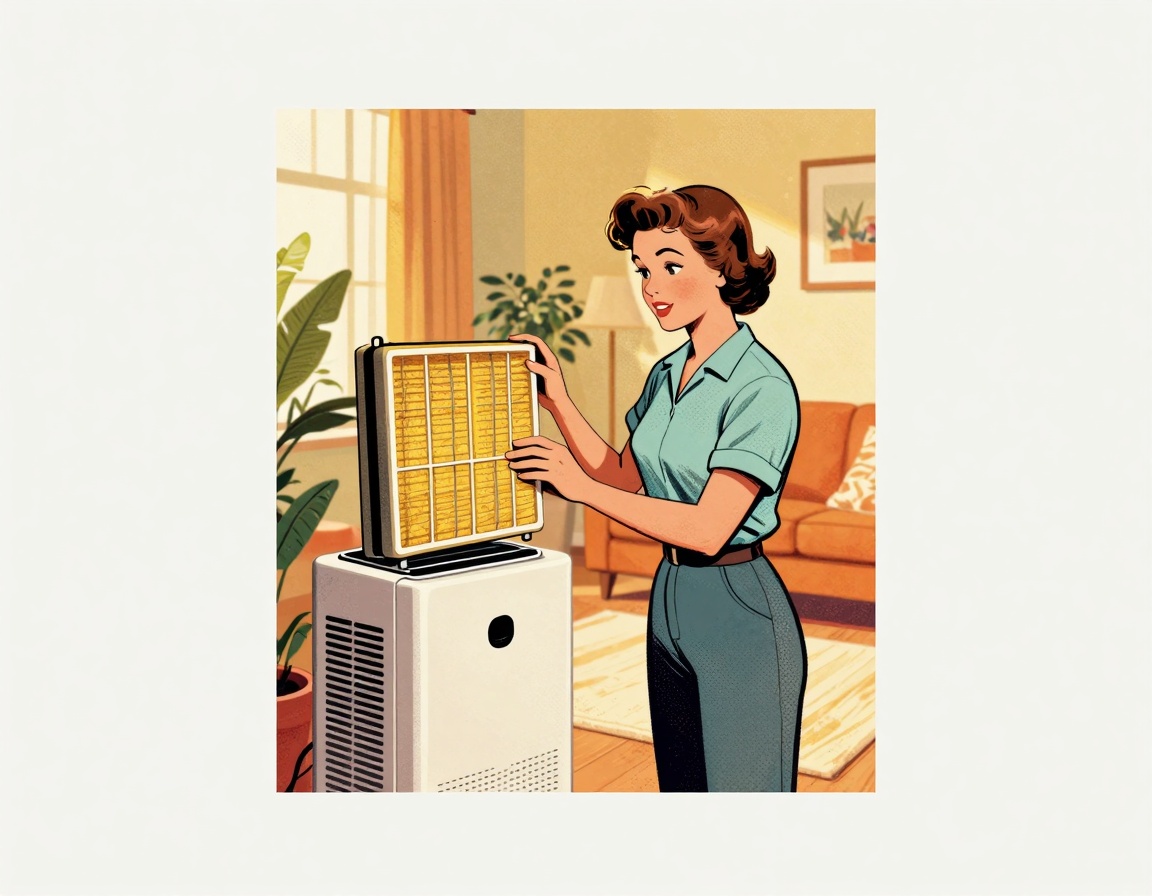 A homeowner checking their HVAC air purifier system, surrounded by various air purification components like HEPA filters and 