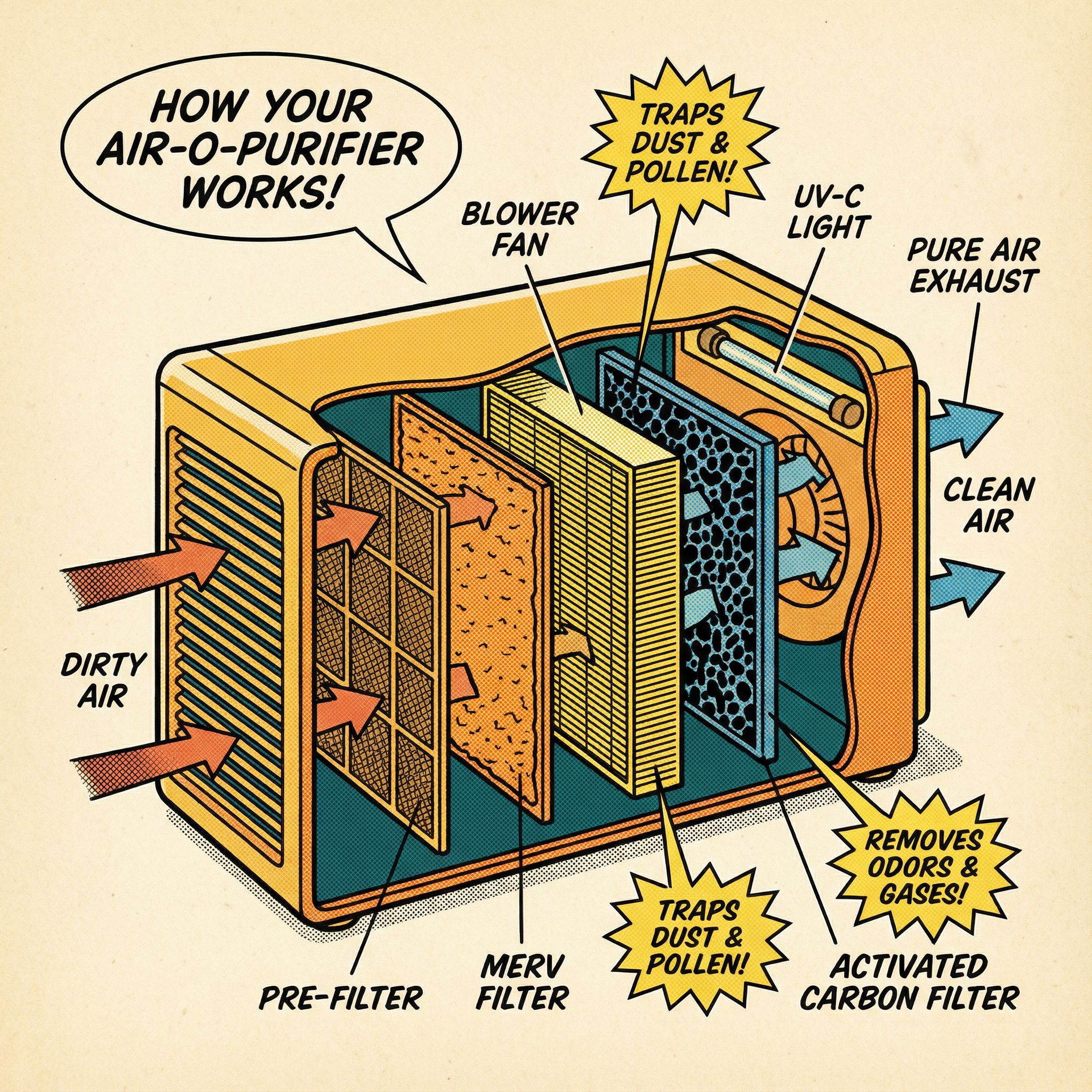 A vintage-inspired technical illustration depicting a cross-section of an HVAC air purifier