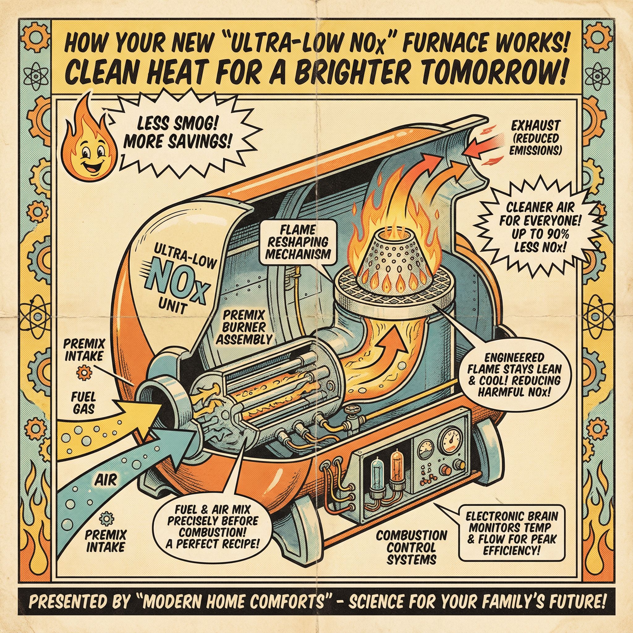 A cutaway view of an ultra-low NOx furnace, showcasing its internal components such as the flame reshaping mechanism, premix 