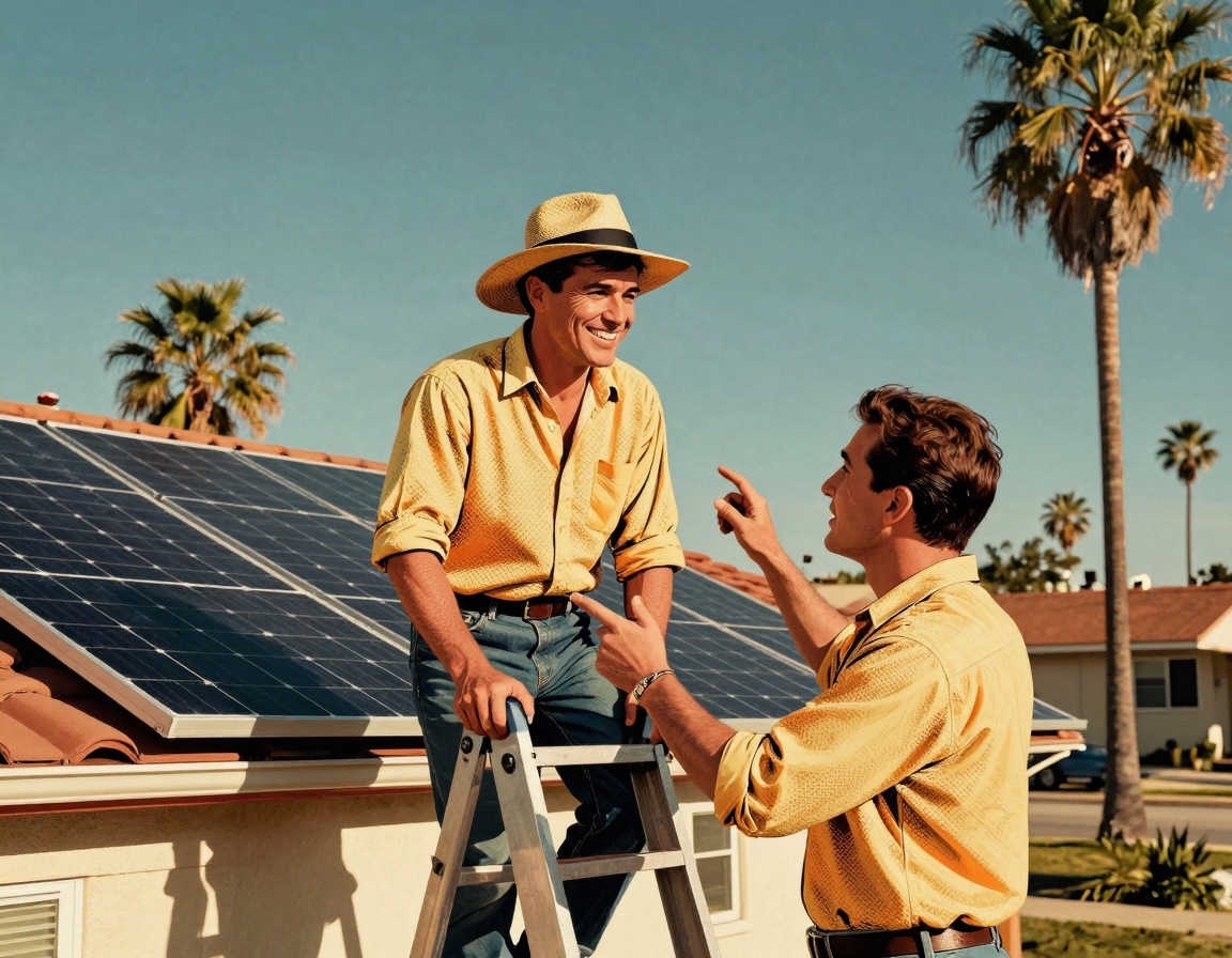 A California homeowner inspecting their rooftop solar panels while an electrician provides guidance
