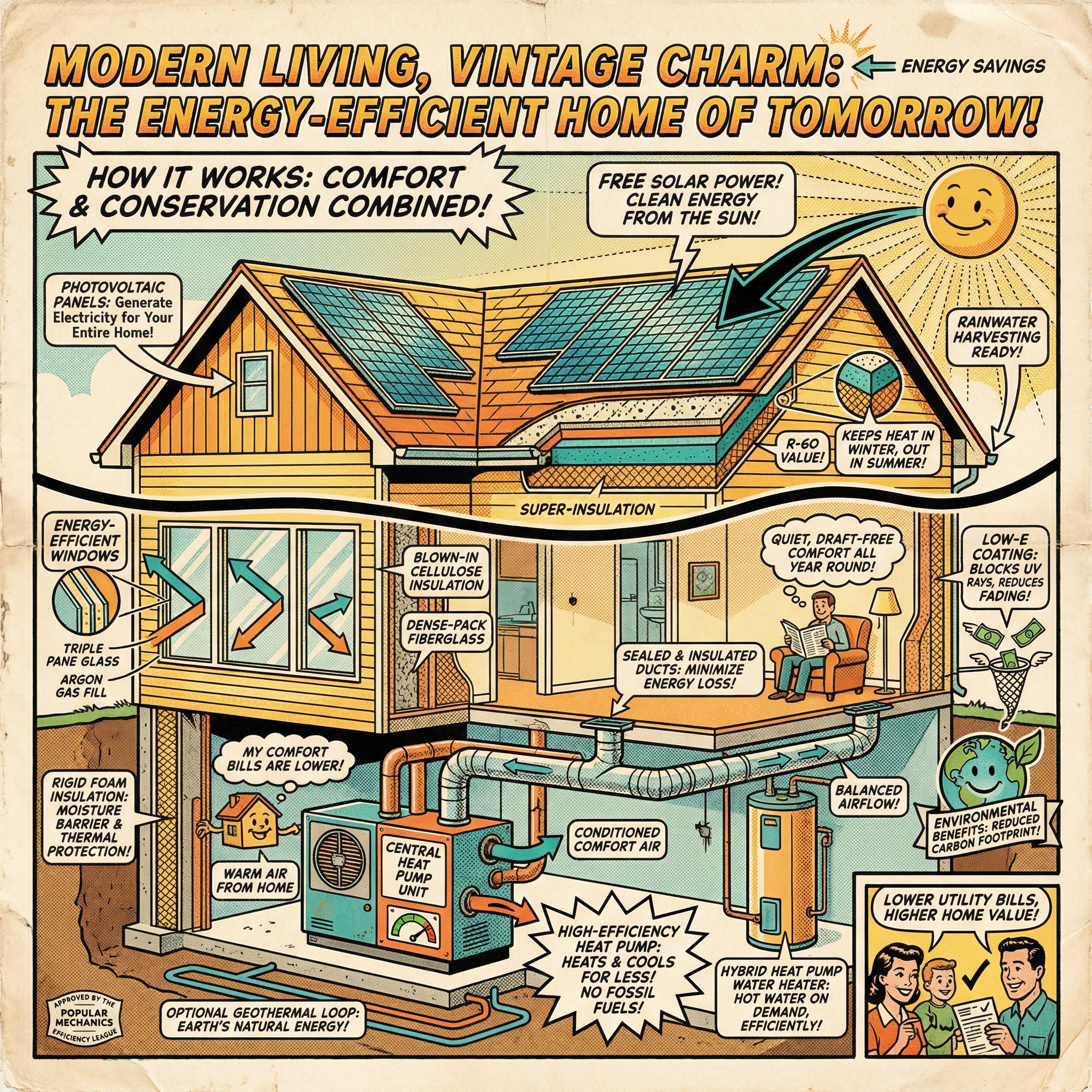 A vintage-style cutaway view of a modern home showcasing energy-efficient upgrades