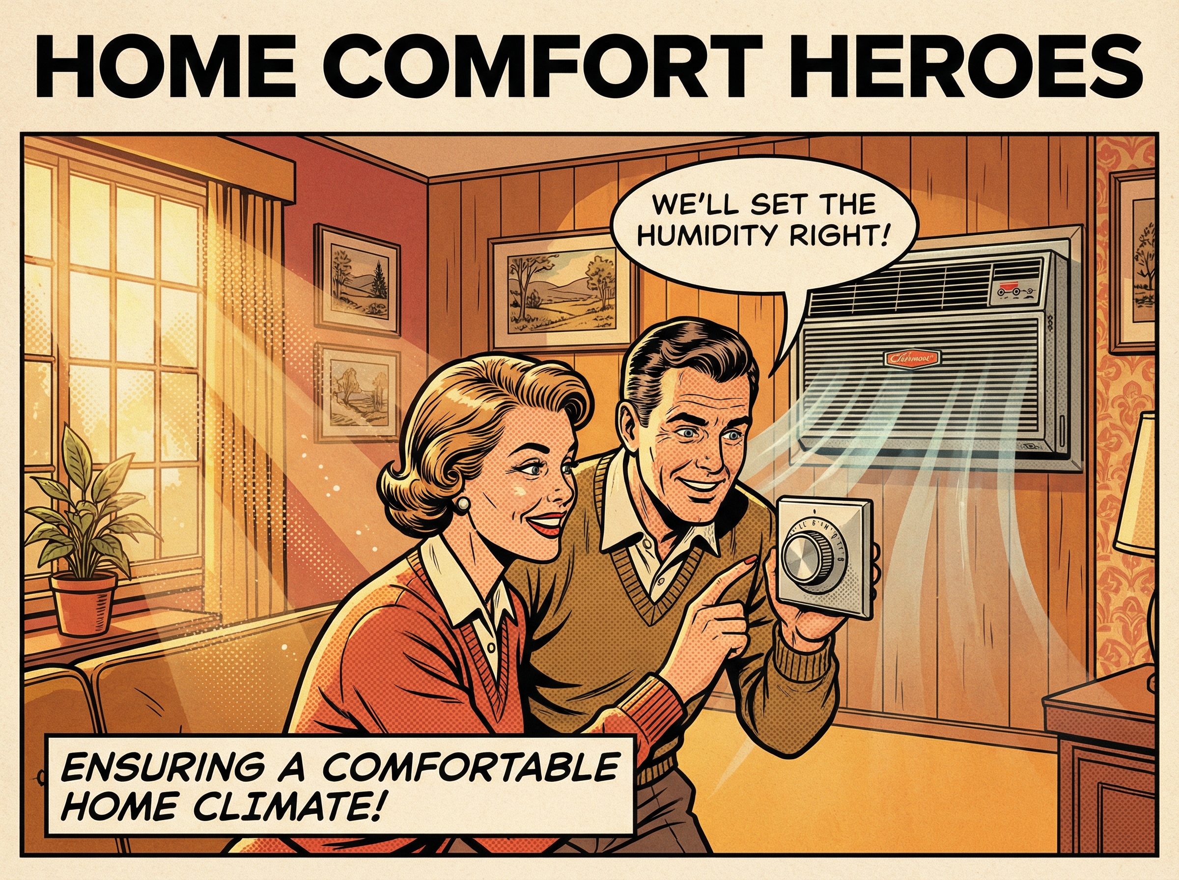 A middle-aged man and woman in a cozy living room actively engaging with their air conditioning system, inspecting the thermo