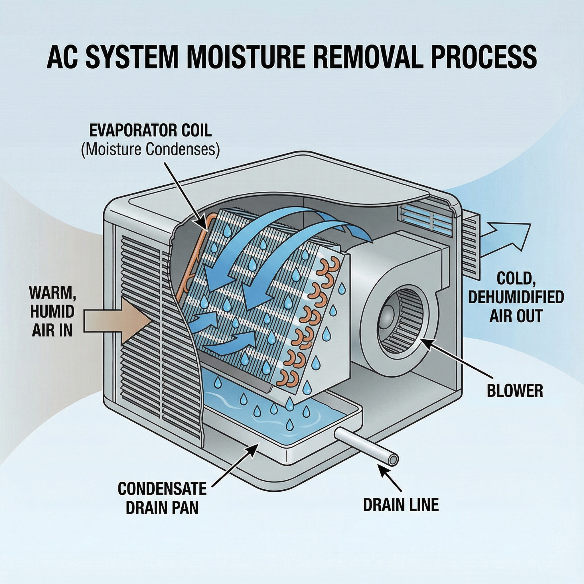 A technical illustration showing the process of moisture removal by an air conditioning system