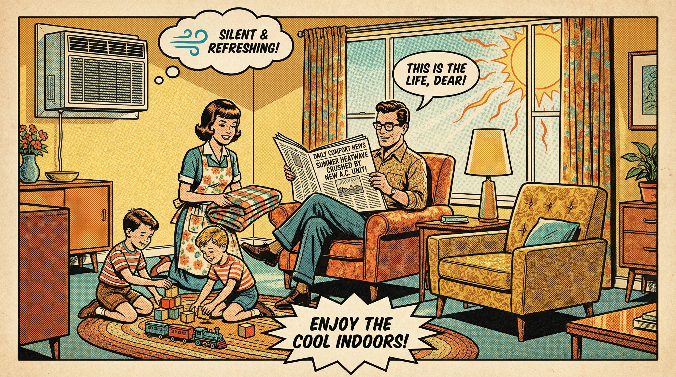 A vintage-styled living room setting with a family enjoying a comfortable indoor environment while an air conditioning unit s